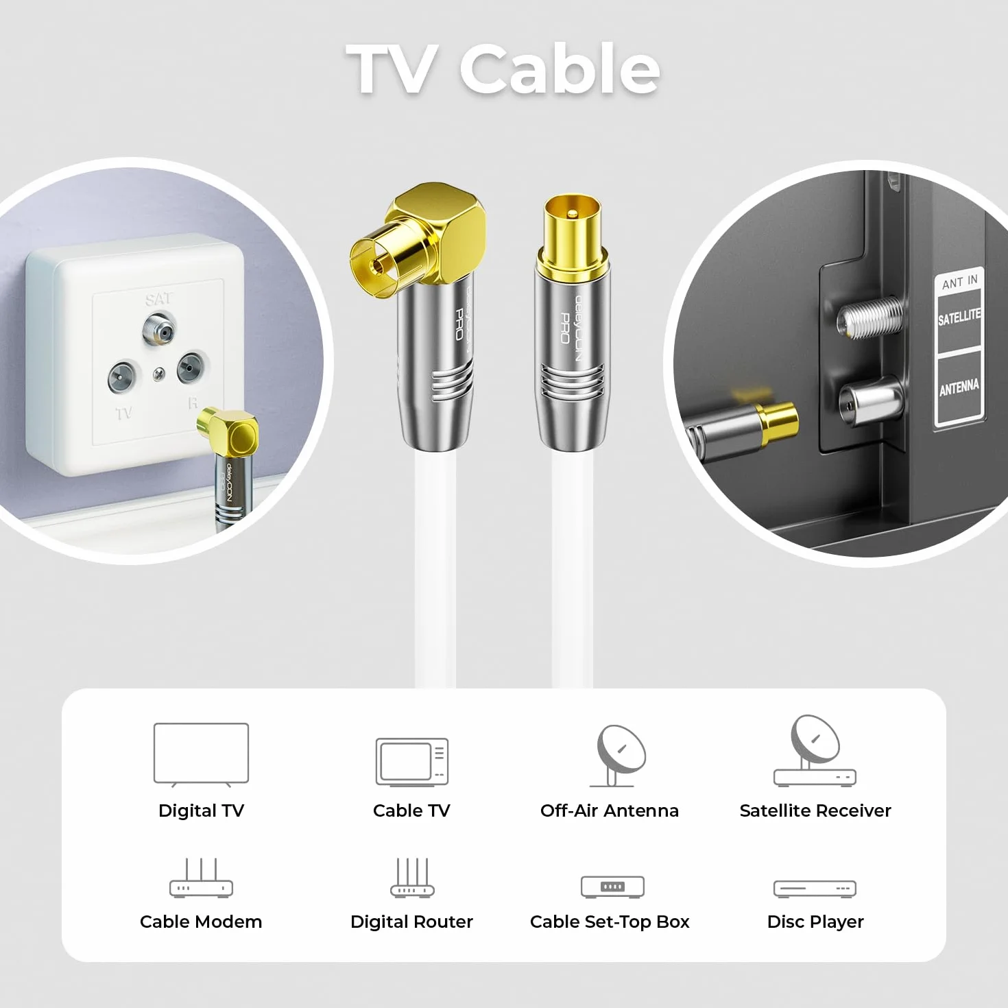 deleyCON 4K TV Kabel Antenowy 3,0m Koncentryczny IEC Kątowy Biały