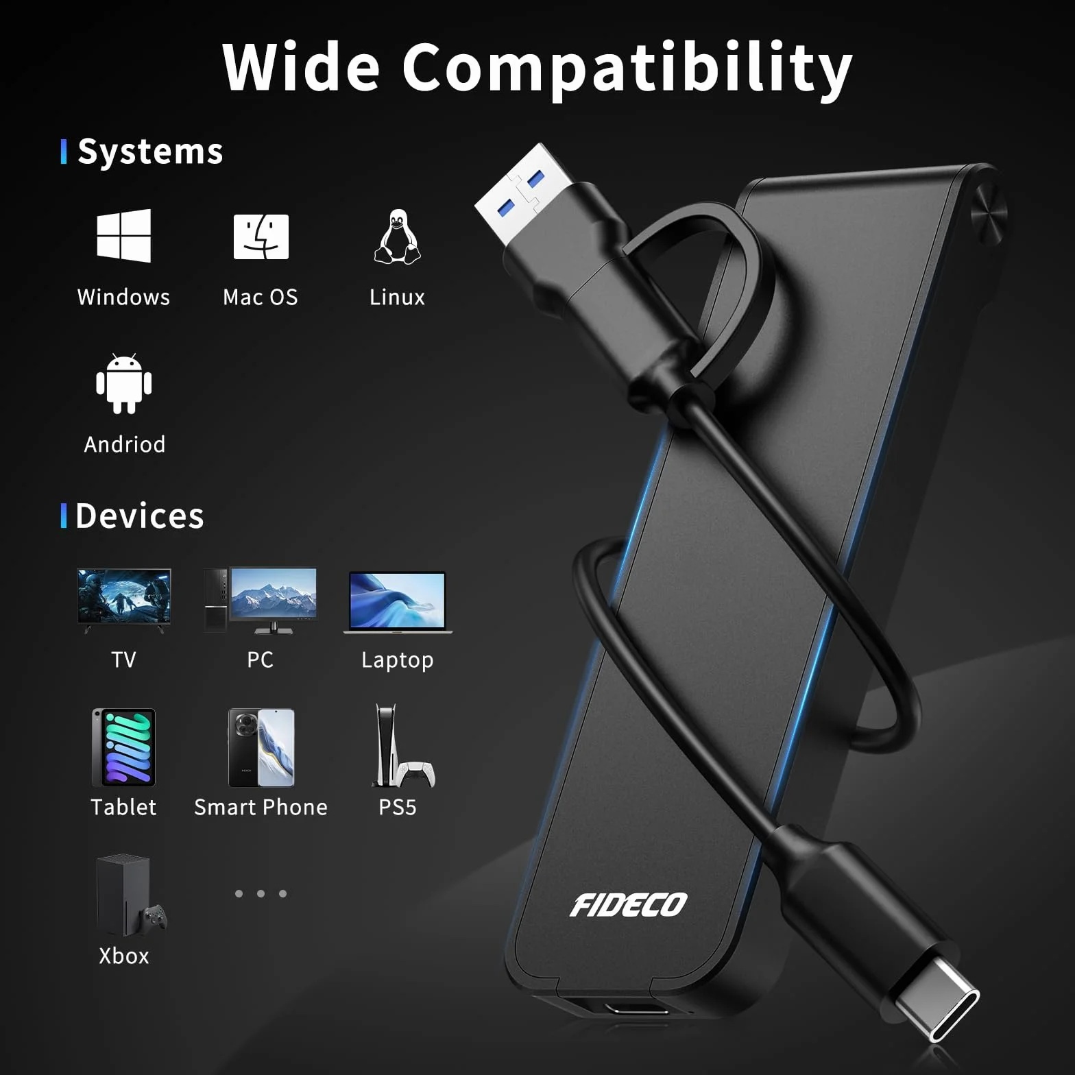 FIDECO Obudowa M.2 NVMe USB 3.2 Gen 2, adapter PCIe NVMe do kluczy M i M+B, obsługa UASP i TRIM