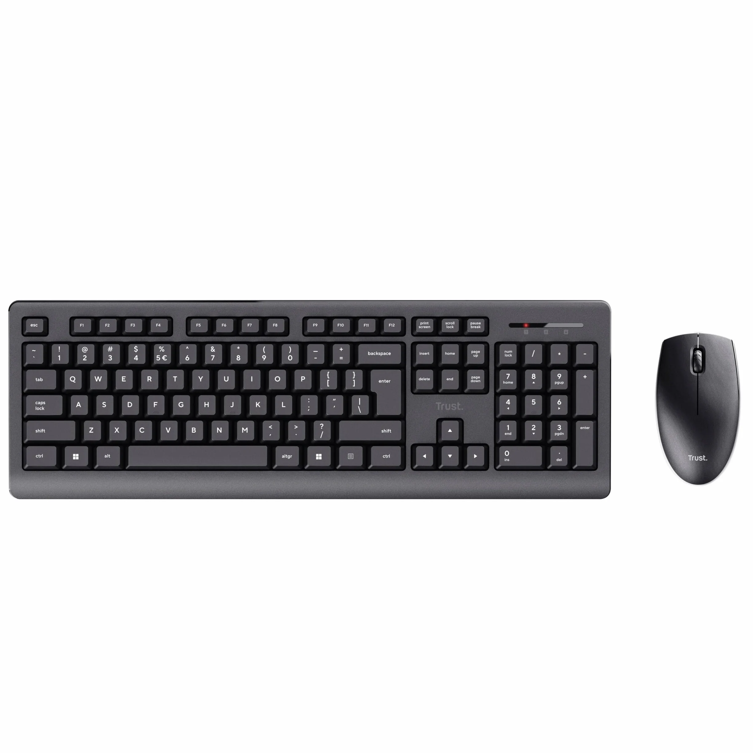 Trust Pierwszy zestaw włoskiej bezprzewodowej klawiatury i myszy QWERTY, niskoprofilowe klawisze, unikalny odbiornik USB, odporny na wycieki, mysz oburęczna, zestaw bezprzewodowy PC Laptop Mac Windows
