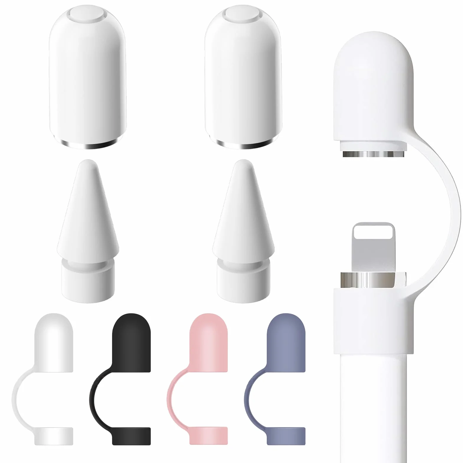 8 szt. zatyczek na ołówki Apple Pencil (2 białe nasadki i końcówki, 4 x etui ochronne, końcówki), nakładka na rysik Apple Pencil 1. generacji, silikonowe zabezpieczenie przed zgubieniem