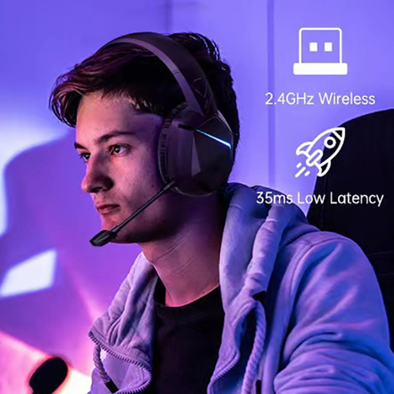 Bezprzewodowy Zestaw Słuchawkowy do Gier z Mikrofonem, Słuchawki do Gier Bluetooth, Bateria 45 Godzin, Fajne Oświetlenie RGB, Dźwięk Stereo, Ergonomiczna Konstrukcja, do Laptopa
