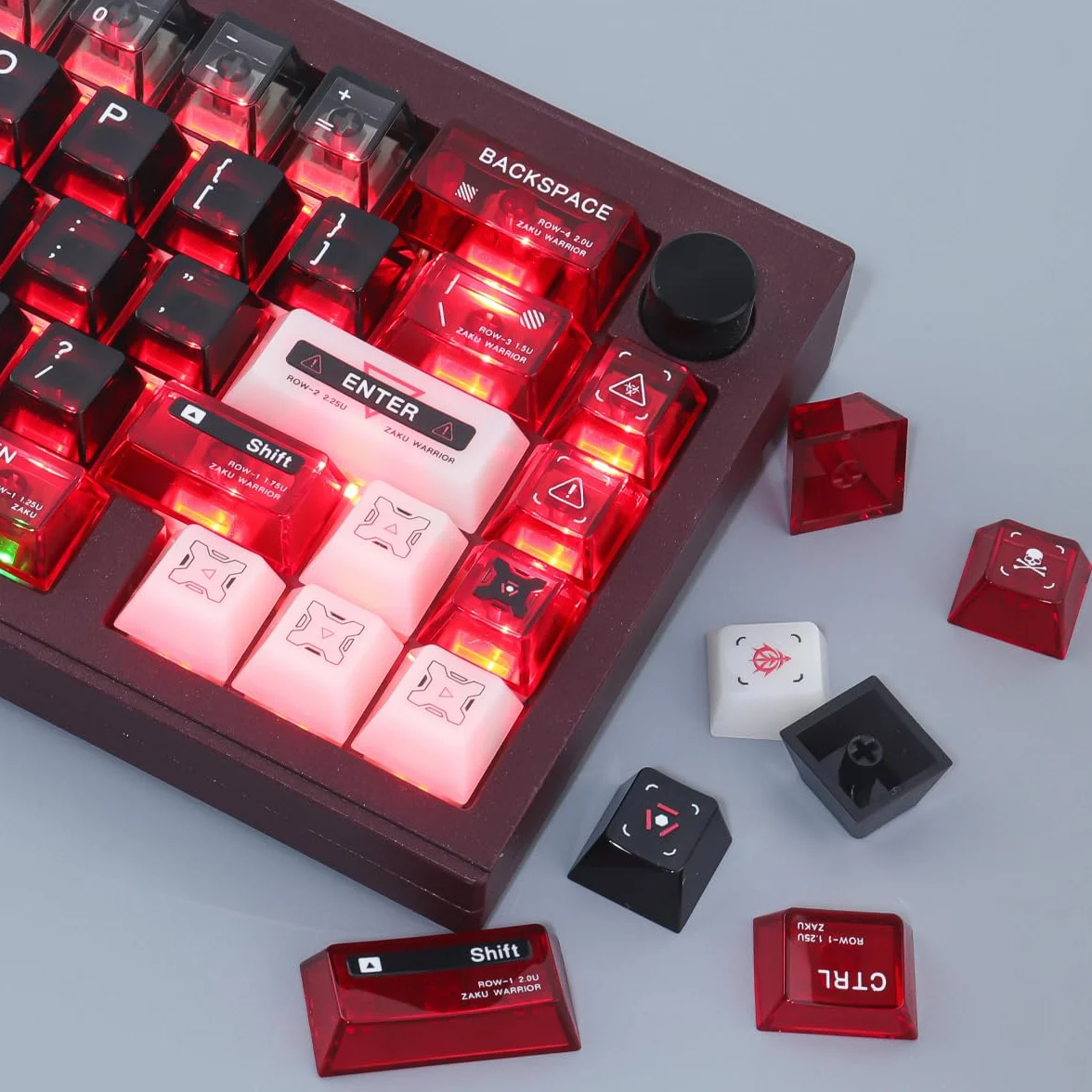 JakeTsai Podwójne nasadki klawiszy PC, 138 klawiszy, czerwone, czarne, przezroczyste klawisze, przezroczyste nakładki na klawisze z profilem wiśniowym do Cherry MX Switch ANSI i ISO układ klawiatury