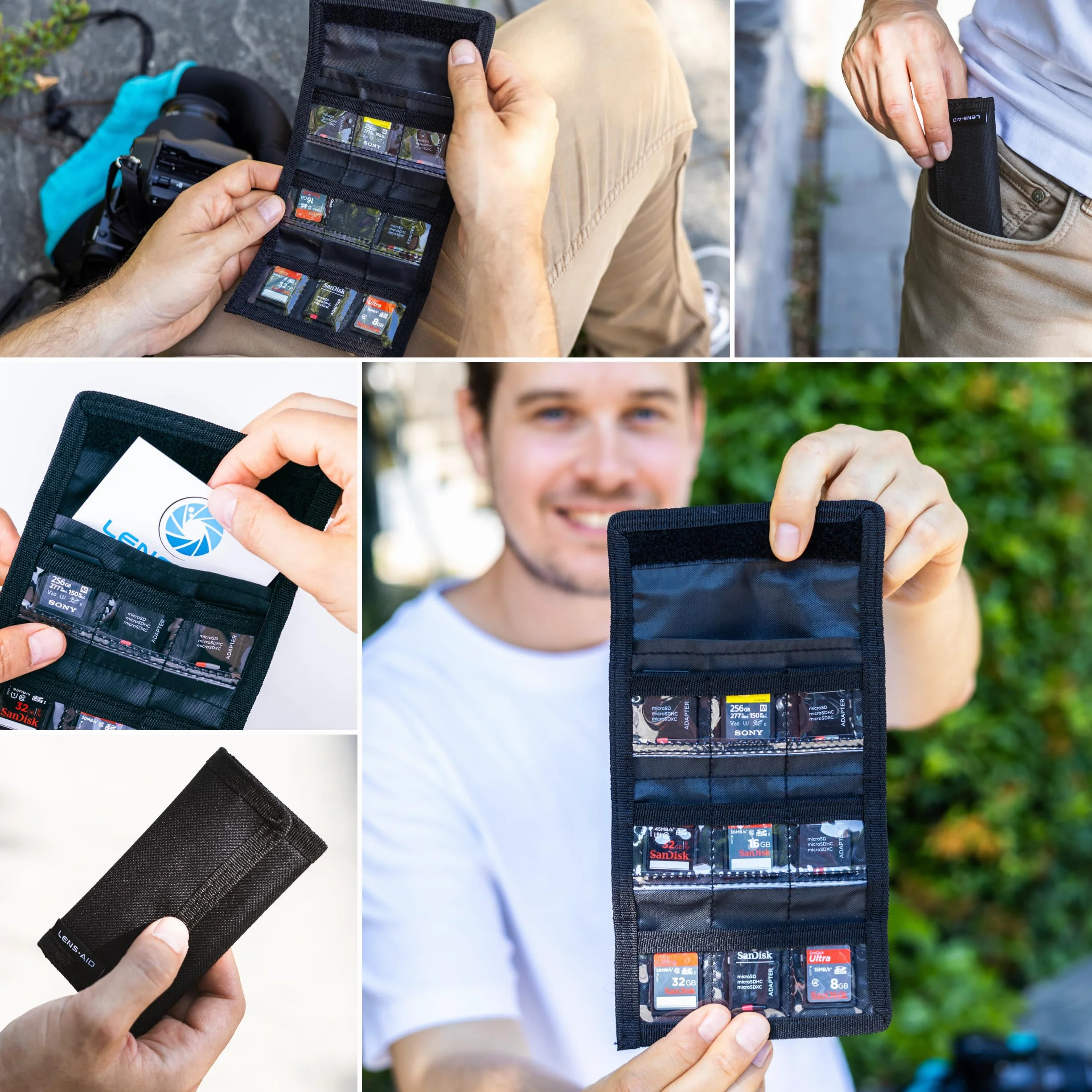 Lens-Aid Etui na karty SD do przechowywania: Kompaktowe etui na maksymalnie 9 kart SD, CFexpress, XQD, gry Switch - Etui wykonane z wytrzymałej tkaniny nylonowej z zapięciem na rzep i pętelką