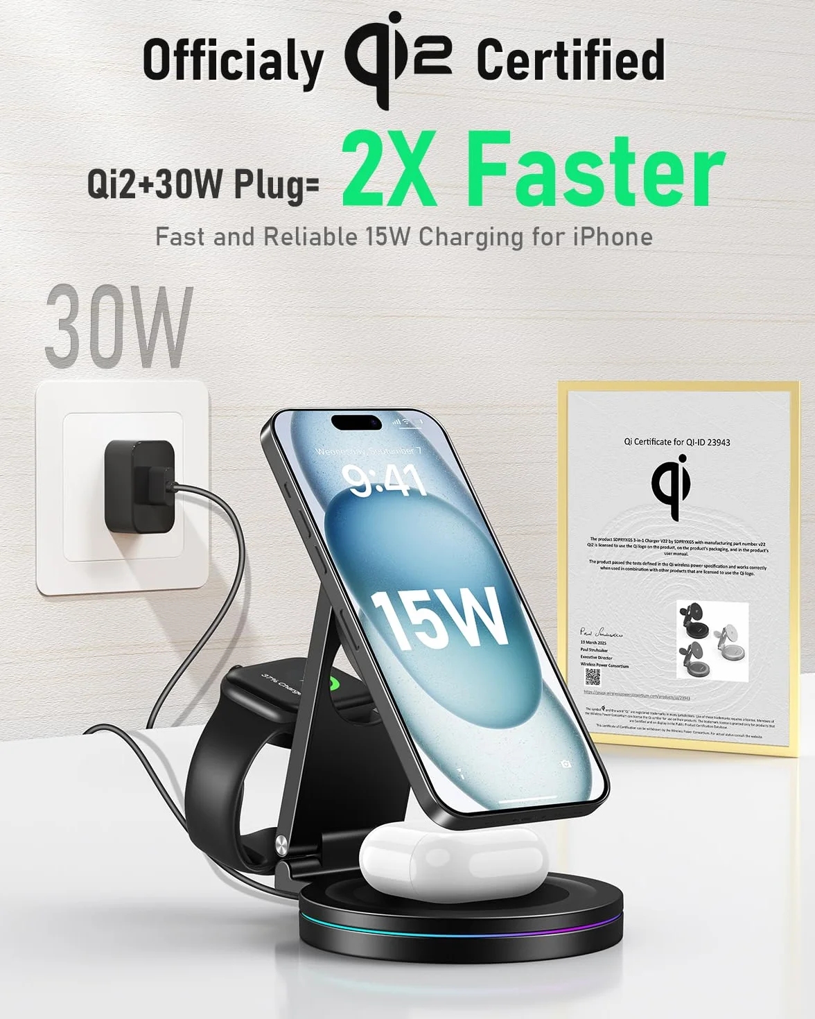 2025 Ulepszona składana obrotowa stacja ładująca Qi2 ze stopu cynku 3 w 1, magnetyczna bezprzewodowa stacja ładująca, do Apple iPhone 12~16, iWatch, AirPods i telefonów Samsung oraz słuchawek