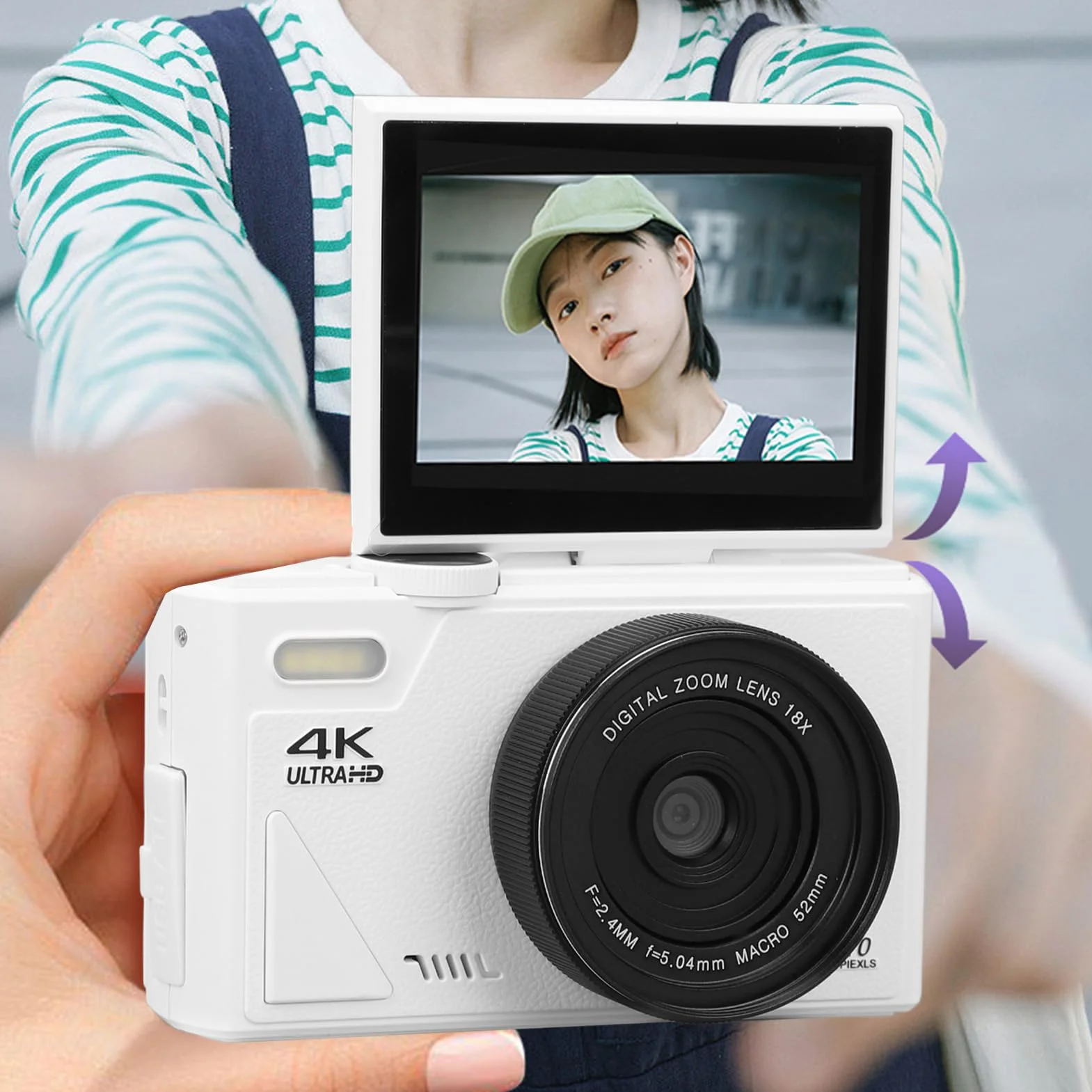 Aparat Cyfrowy 64 MP, Aparat Cyfrowy 4K, Składany Ekran, Wideo 4K, Zoom 18X, Akumulator, z 3-calowym Odchylanym Ekranem, Idealny świąteczny z łącznością USB dla (WHITE)