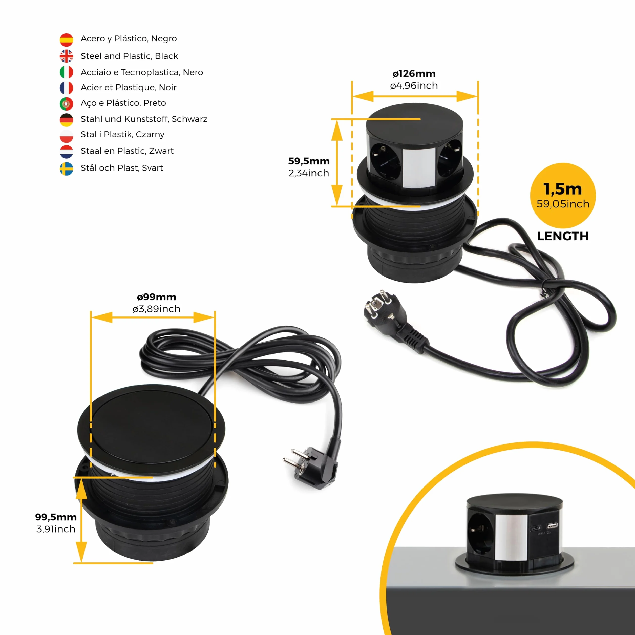 Emuca - Listwa zasilająca z gniazdkami Vertikal Push średnica 100 mm, 3 wtyczki typu Schuko, 1 USB typu A, 1 USB typu C, Stal i Plastik, Malowane na czarno