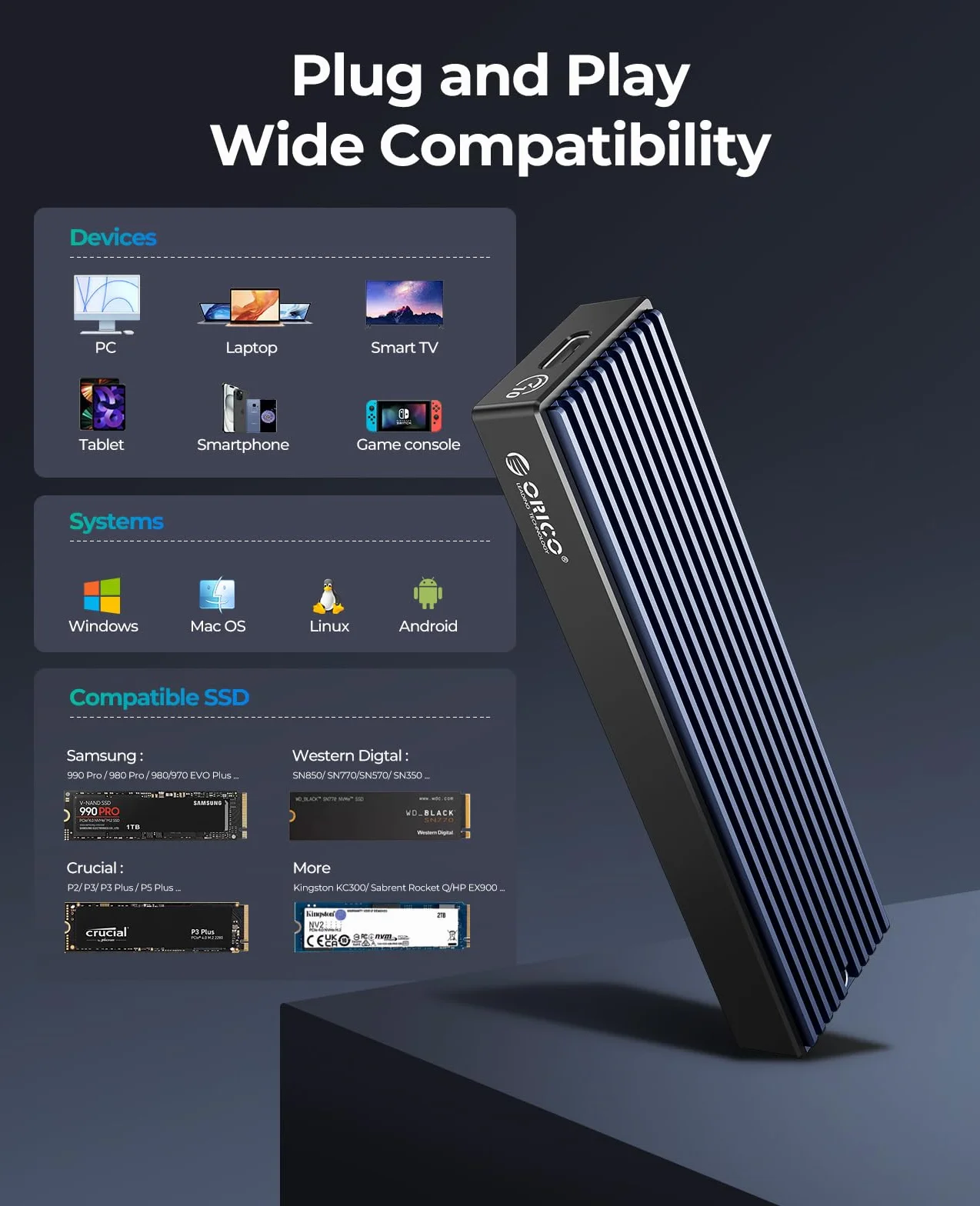 ORICO M.2 NVMe SSD obudowa USB-C adapter 10 Gbps USB3.2/ USB3.1 Gen2 do PCIe NVMe M-Key/M+B Key SSD, zewnętrzna obudowa M2 SSD rozmiar 2230/ 2242/ 2260/ 2280, obsługuje UASP-M2PV