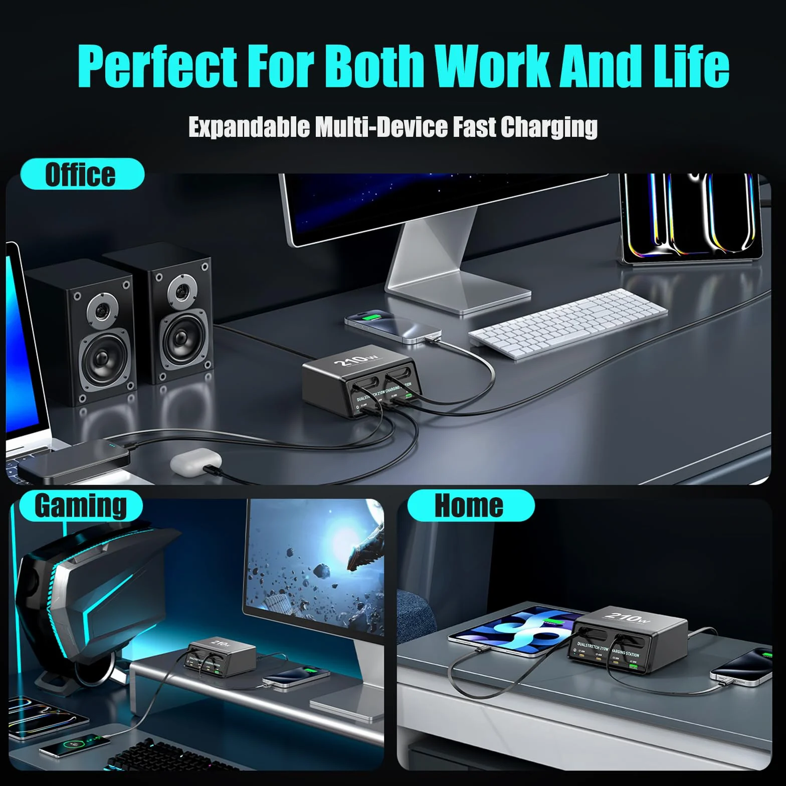 Ładowarka GaN 210 W z 2 wysuwanymi kablami, 6-portowa stacja ładująca USB C (5C+1 A), podwójne porty 45 W do MacBooka i laptopa, szybkie ładowanie ładowarka podróżna do domowego biura, do iPhone'a, Samsunga, iPada