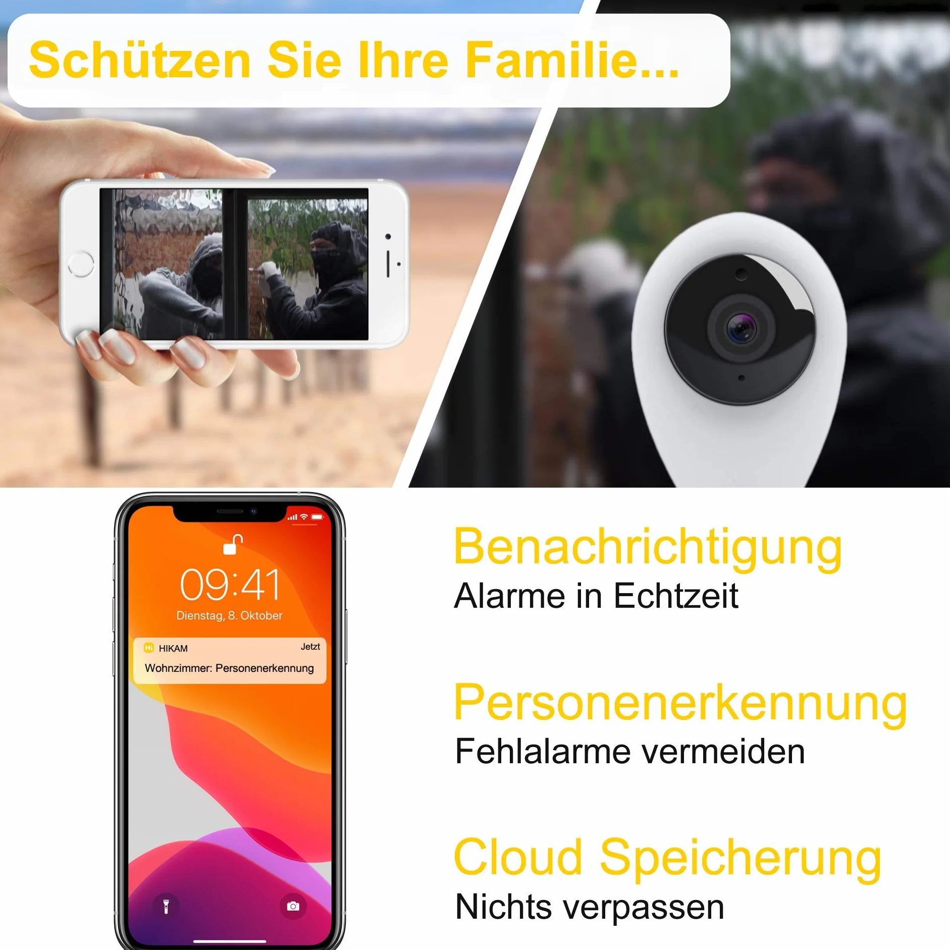 Hikam S6: Kamera do bezpiecznego domu (kamera monitorująca z wykrywaniem osób, kamera IP, HD, z aplikacją/instrukcjami/obsługą (może nie być dostępna w języku polskim)