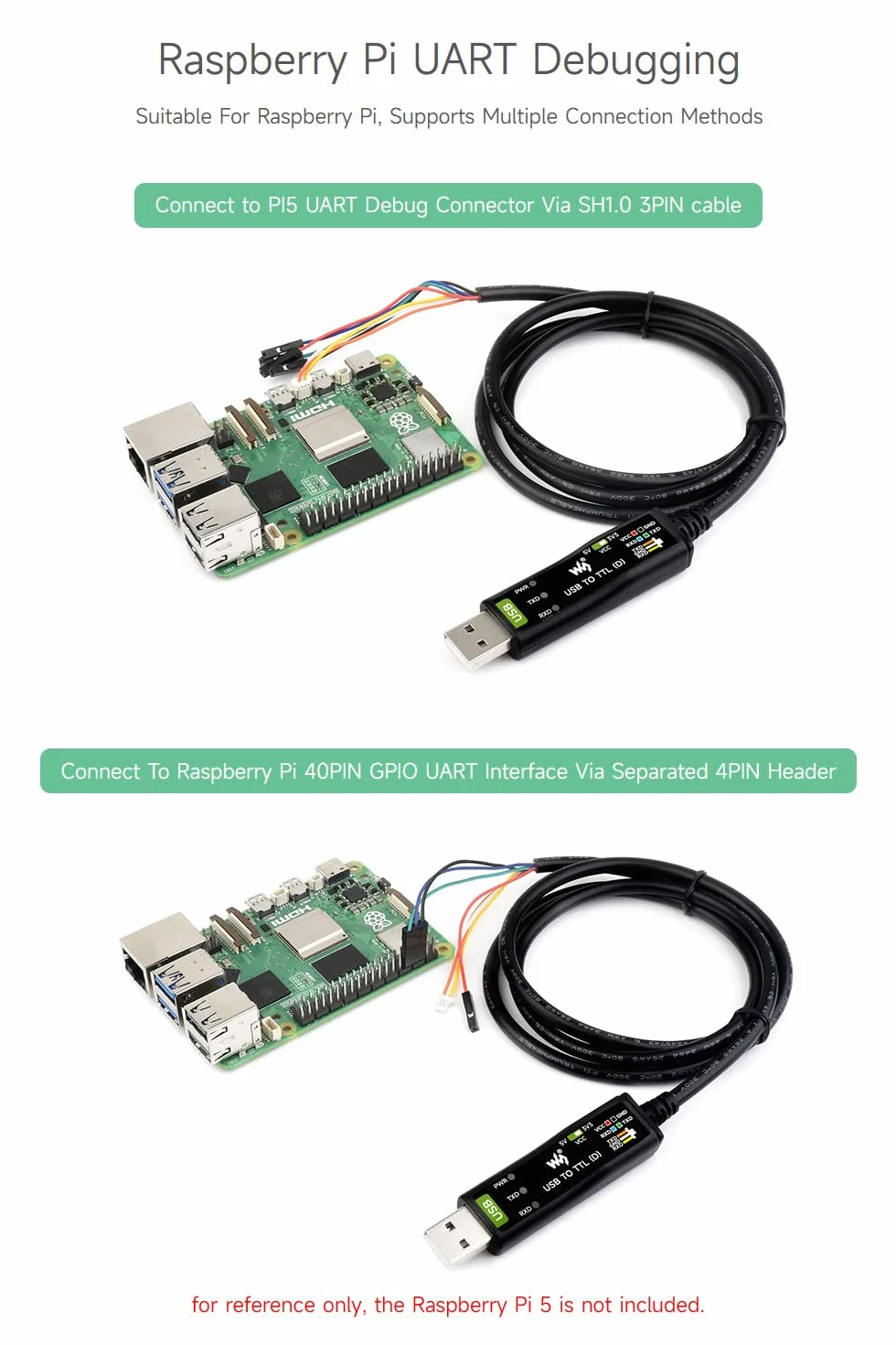 Waveshare Industrial USB TO TTL (D) Serial Cable, FT232RNL Chip, Multi Protection Circuits, for Win7/8/10/11/Mac/Linux, With 4pin Header+SH1.0 3PIN Connector, For Raspberry Pi 5 Serial Port Debugging