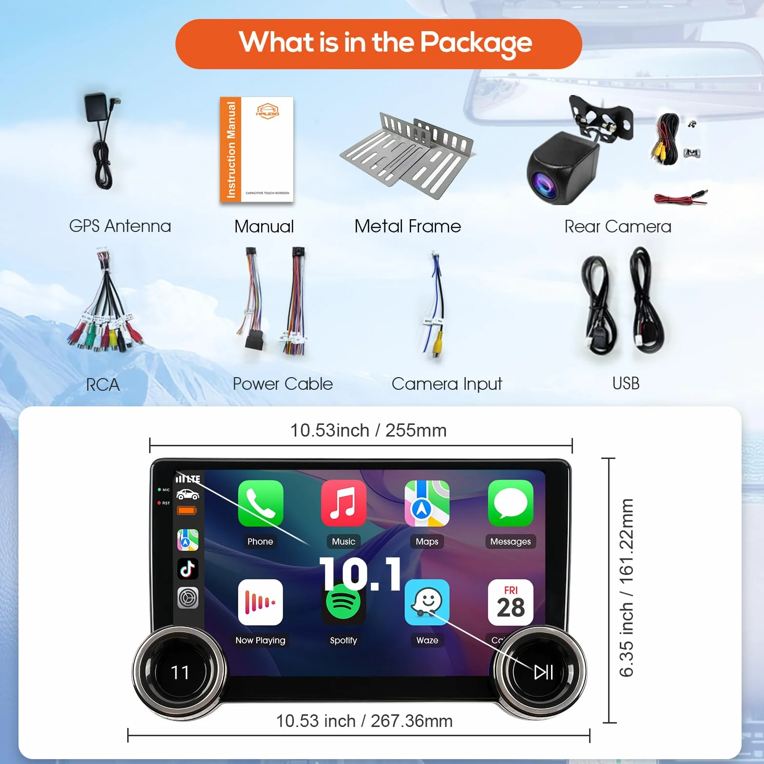 Haudio 10,1-calowy odtwarzacz samochodowy z bezprzewodowym CarPlay i Android Auto, 2 DIN radio samochodowe Bluetooth z kamerą cofania, połączenie lustrzane, asystent głosowy, AM/RDS/FM, pasuje do
