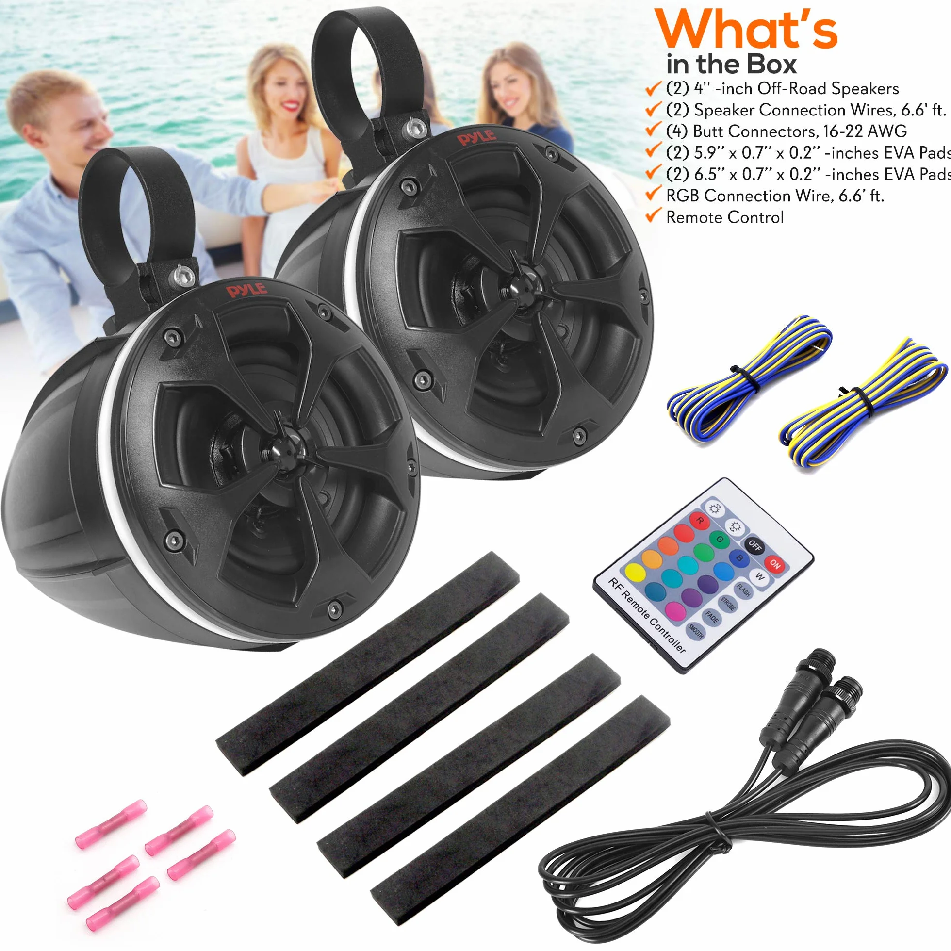 Pyle 2-drożne podwójne wodoodporne głośniki terenowe - 4-calowy 800 W system głośników Wakeboard Tower klasy morskiej ze światłami RGB i pilotem, pełny zakres zewnętrzny głośnik stereo audio do