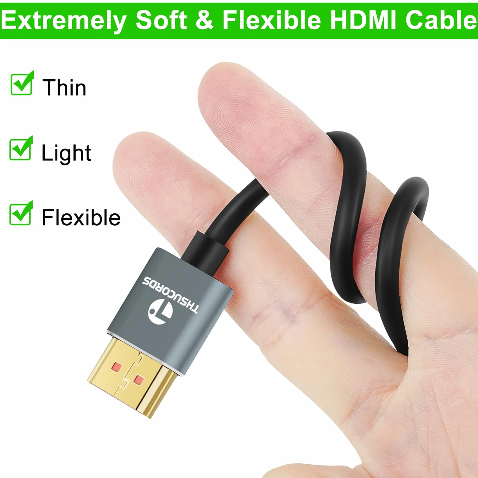 Thsucords Ultra cienkie 8K 4K Kable HDMI 2M, Slim LanElastyczne miękkie HDMI 2.1 Obsługa 4K@120Hz8K@60Hz 48Gbps Kompatybilny z Roku TV/HDTV/PS5/Blu-ray