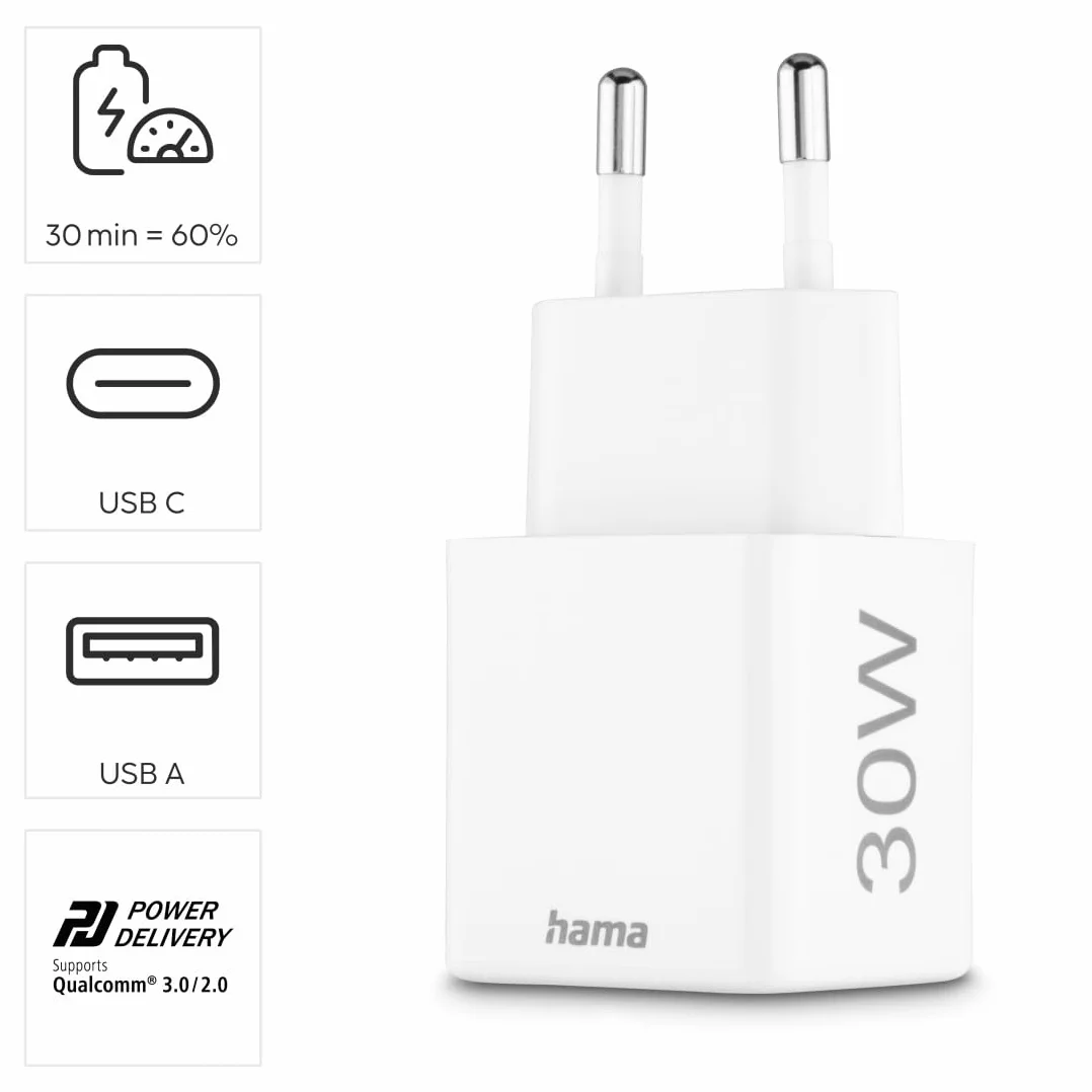 Hama Ładowarka sieciowa do telefonu 30 W (USB C, USB A, adapter do ładowania, Power Delivery, Ouick Charge, do ładowania) biała