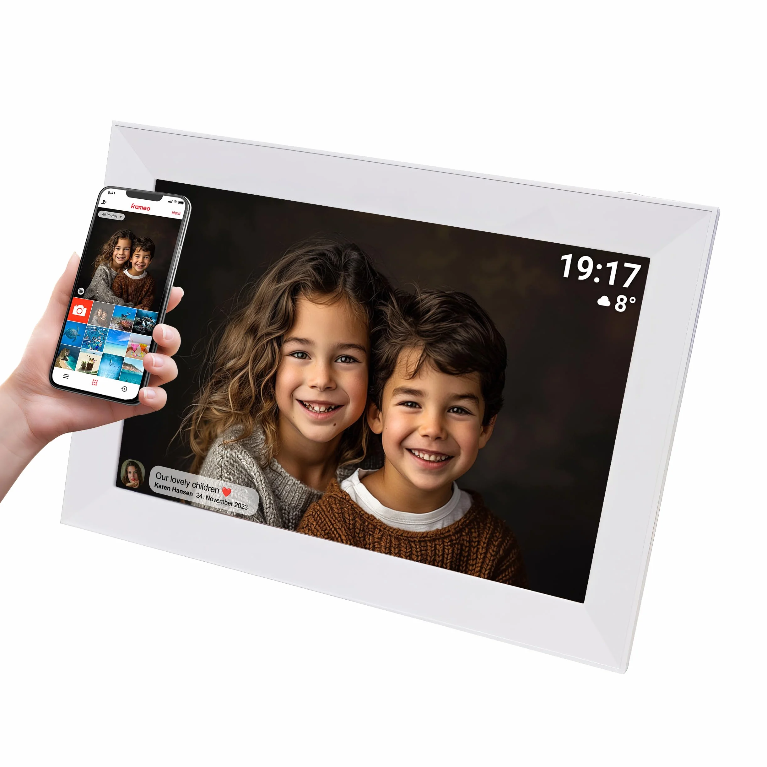 Denver PFF-1012W cyfrowa ramka na zdjęcia Wi-Fi – 10-calowy ekran dotykowy HD IPS, zintegrowane oprogramowanie FRAMEO, łatwe połączenie ze smartfonem, wyświetlacz multimedialny, biała