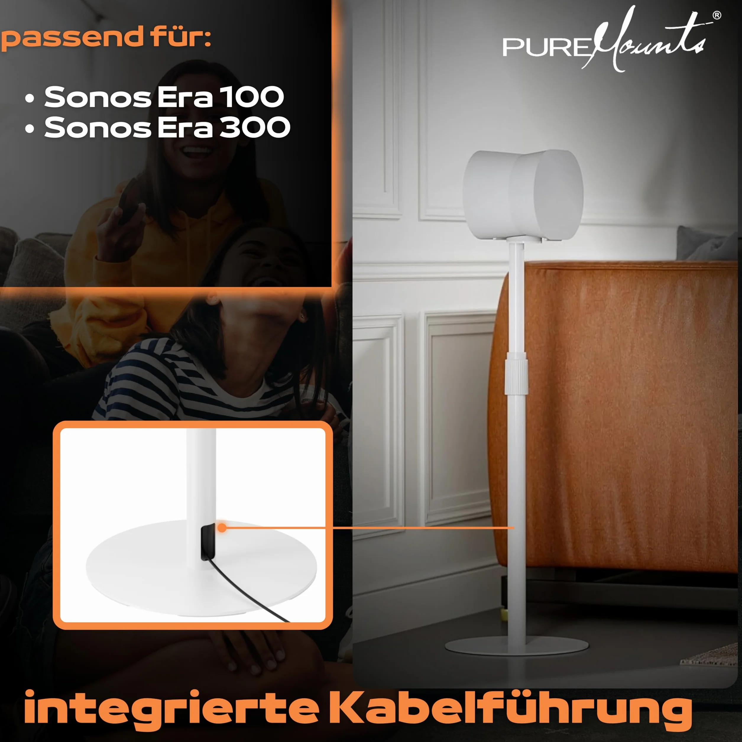 PureMounts Uchwyt głośnikowy z regulacją wysokości do Sonos Era 100 i 300, uchwyt głośnikowy, uchwyt na głośnik z zarządzaniem kablem, udźwig 5 kg, biały