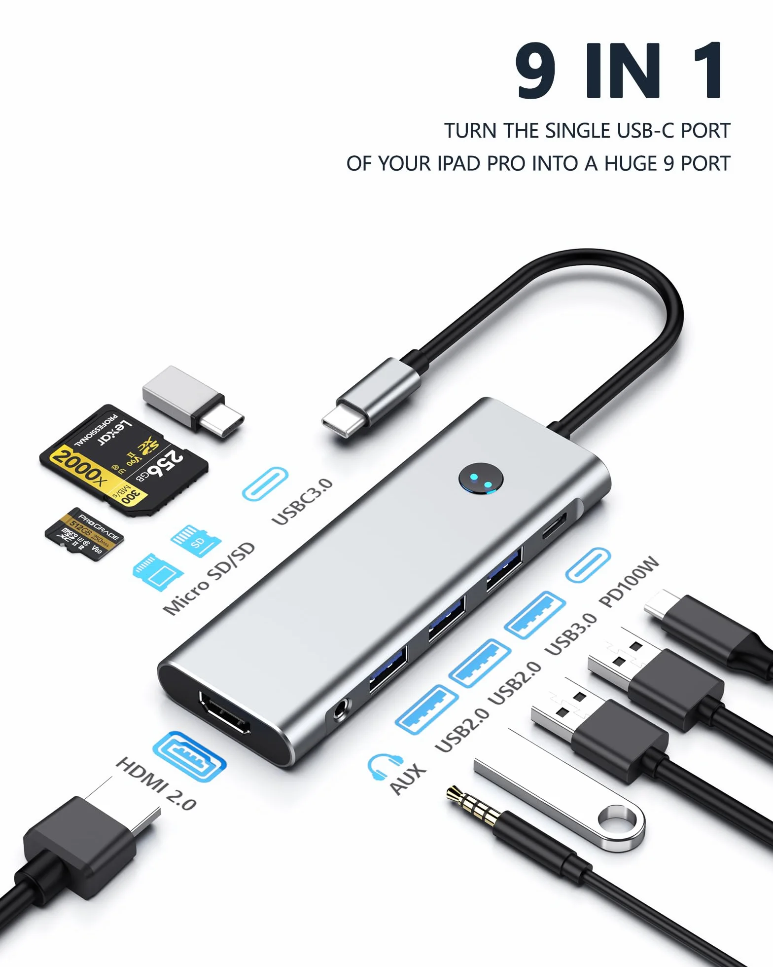 USB C HUB for iPad Pro Adapter 4K 60Hz HDMI, 100W PD, SD/TF Card Reader, 3 USB A Port, 3.5mm Audio Jack, 9 in 1 USB C Dock for iPad Air/Galaxy Dex/Tablet/MacBook/iMac/iPhone 17/Steam Deck/HP/Dell