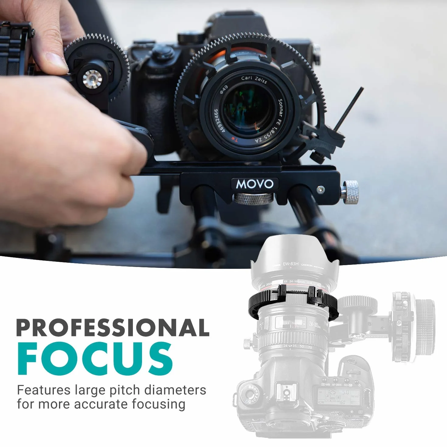 Movo FR3 Regulowany 3-częściowy zestaw przekładni pierścieniowej Follow Focus, zawiera pierścienie obiektywu 65 mm, 75 mm i 85 mm (standardowy skok 32-0,8 mod)