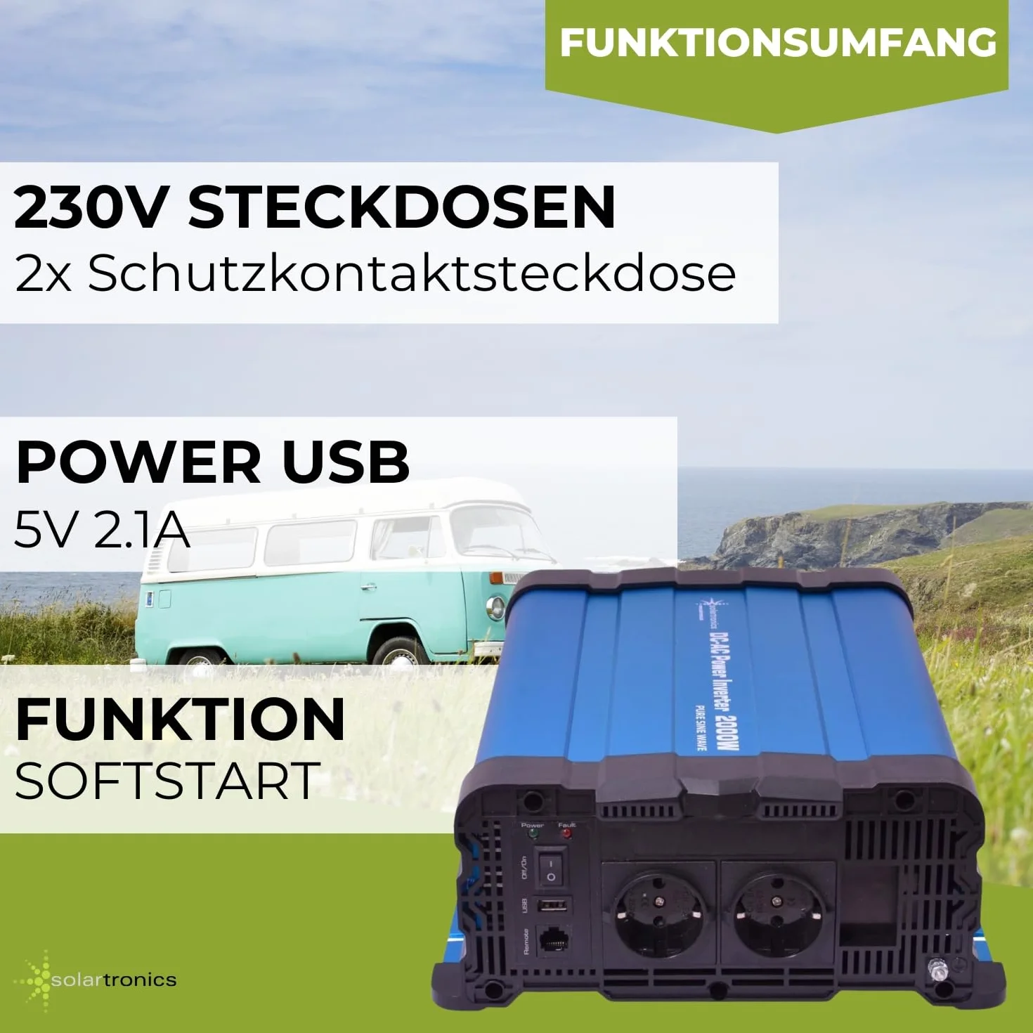SOLARTRONICS Przetwornica napięcia FS2000DR 12 V 2000 W - falownik 12 V na 230 V - czysty sinus - kompatybilny z LiFePO4/litową, ołowiową, żelową lub AGM - USB - pilot zdalnego sterowania opcjonalnie