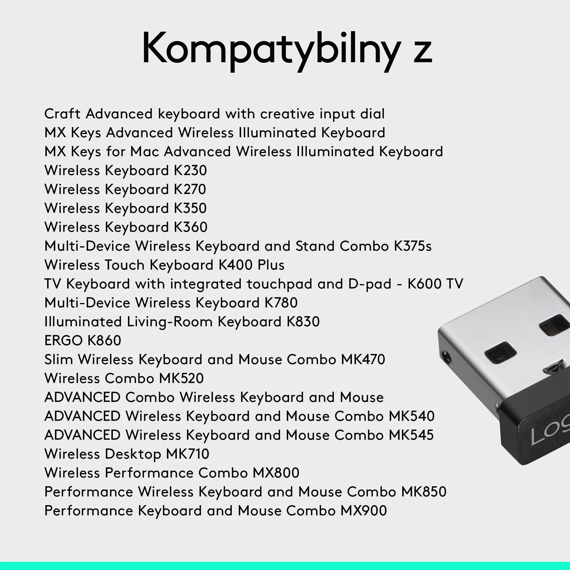 Logitech Odbiornik USB Unifying, technologia bezprzewodowa 2,4 GHz, wtyczka USB Kompatybilny ze wszystkimi urządzeniami Logitech Unifying, takimi jak mysz bezprzewodowa i klawiatura, PC/Mac - Czarny