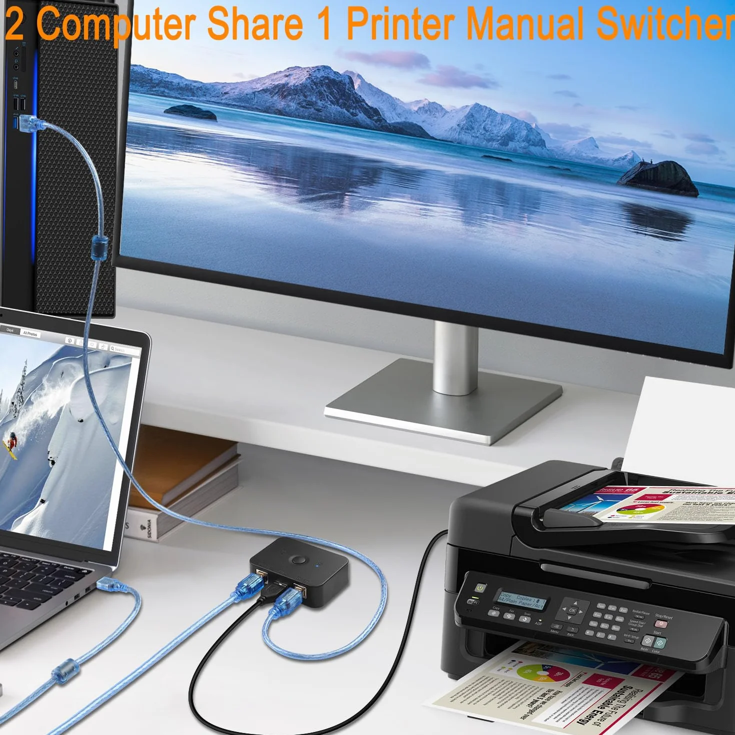 QIANRENON USB2.0 Printer Sharing Switch 2 porty USB B przełącznik drukowania, adapter 2 części komputerowe, 1 drukarka, przełącznik ręczny, ze światłem LED, w zestawie 2 x kabel USB 2.0 do drukarki