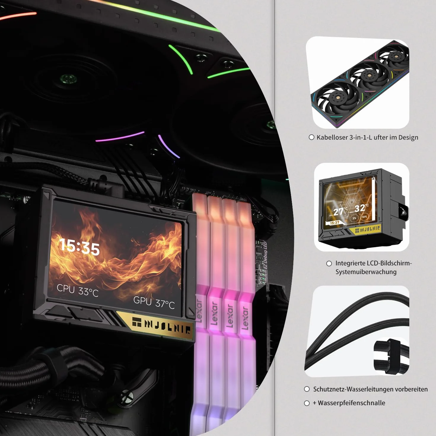 TR-Thermalright Mjolnir Vision 360 UB ARGB PRO Black, chłodzenie cieczą AIO CPU, zintegrowany wentylator wyciągowy TL-UB36, ekran IPS LCD 3,5 cala 640×480, dla Intel LGA1700/1851, AM4/AM5
