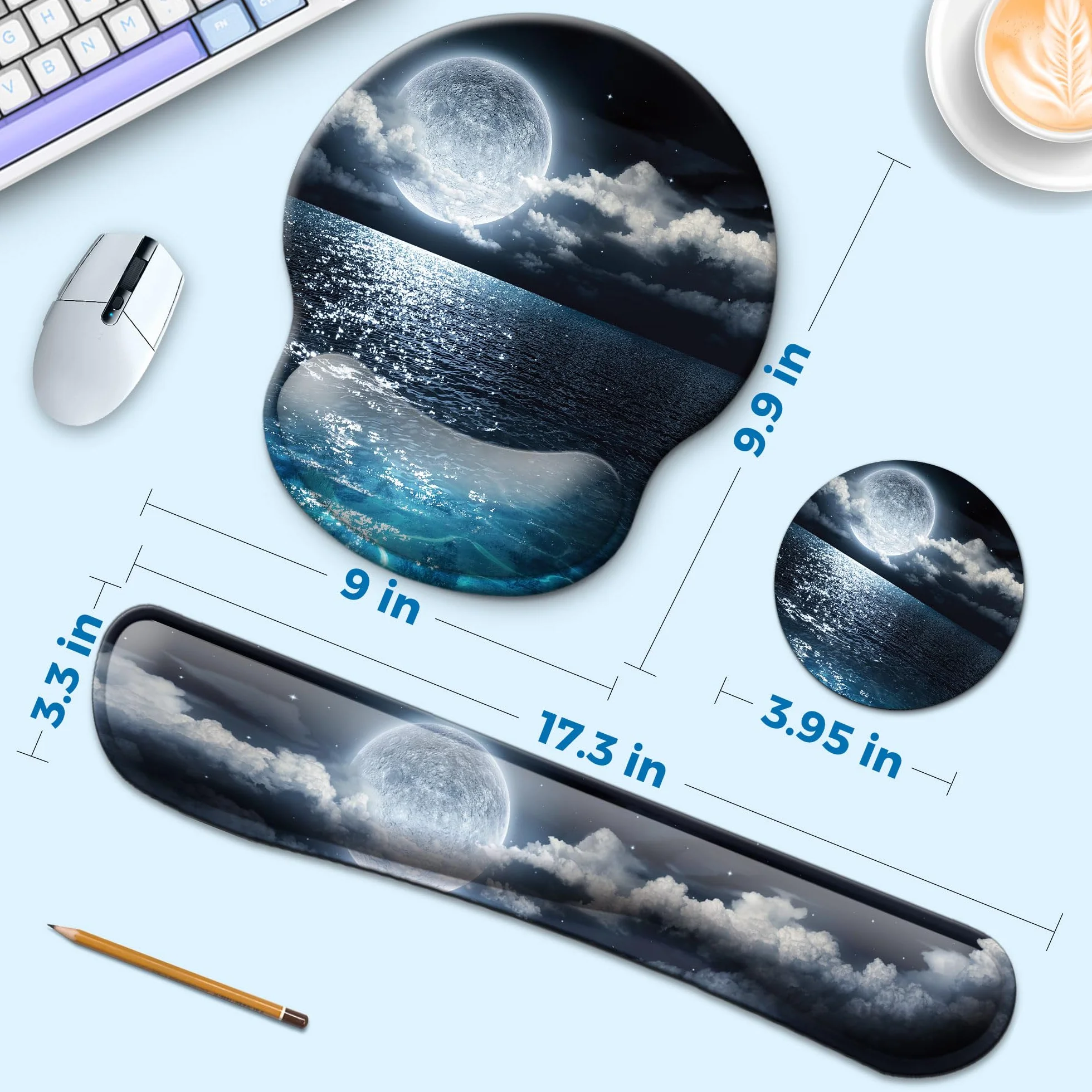 Podkładka pod mysz i podkładka pod nadgarstek pod klawiaturę, z antypoślizgową podstawą PU, żelowa podkładka pod mysz z podstawką, ulga w bólu do gier, komputera, biura, księżyc ocean
