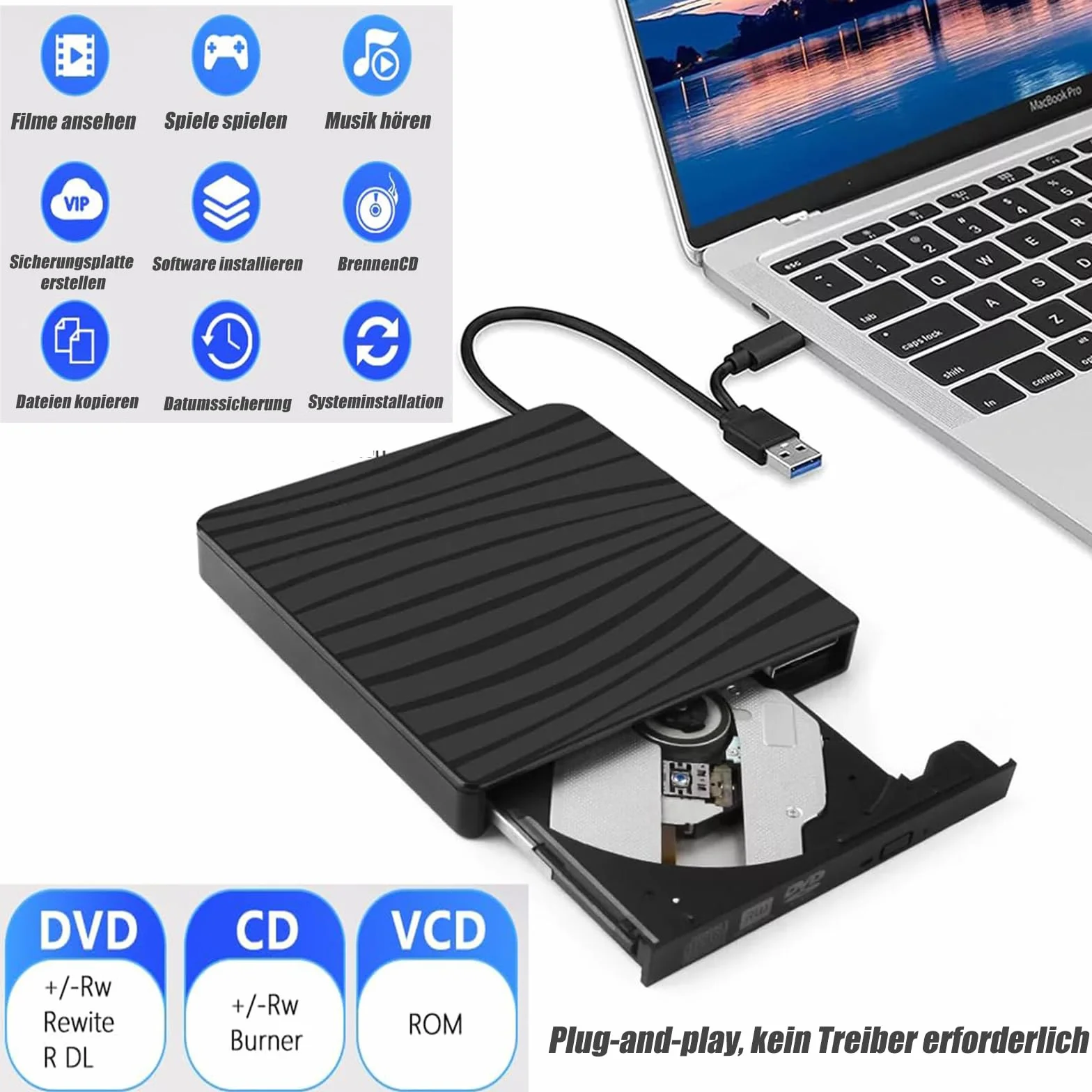 GERUI Zewnętrzny napęd DVD USB 3.0 typ C przenośny nagrywarka CD DVD +/-RW