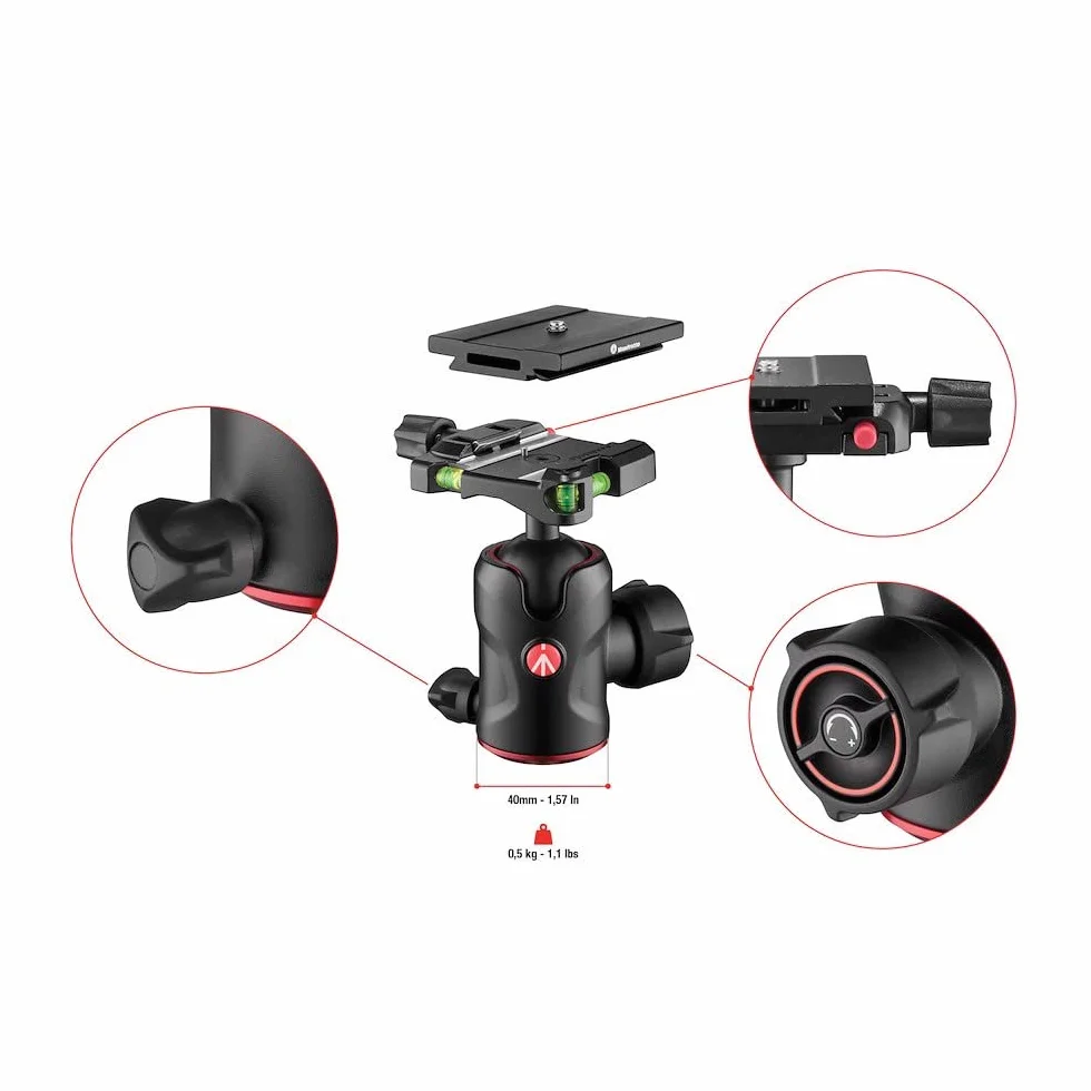 Manfrotto Kompaktowa głowica kulowa 496 z płytką szybkozłączkową MSQ6PL, głowica kulowa do statywów do aparatu, stabilizatorów aparatu, pilotów, sprzętu fotograficznego