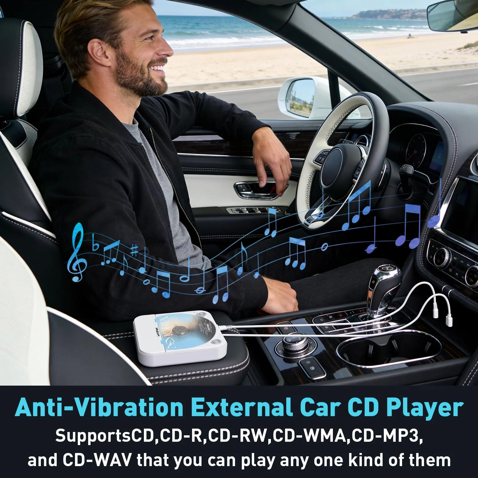 Przenośny samochodowy odtwarzacz CD ze złączem USB/AUX, MYPIN zewnętrzny odtwarzacz CD, kompatybilny z radiem samochodowym, laptopem, telewizorem, komputerem, uniwersalny do pojazdów, obsługuje płyty