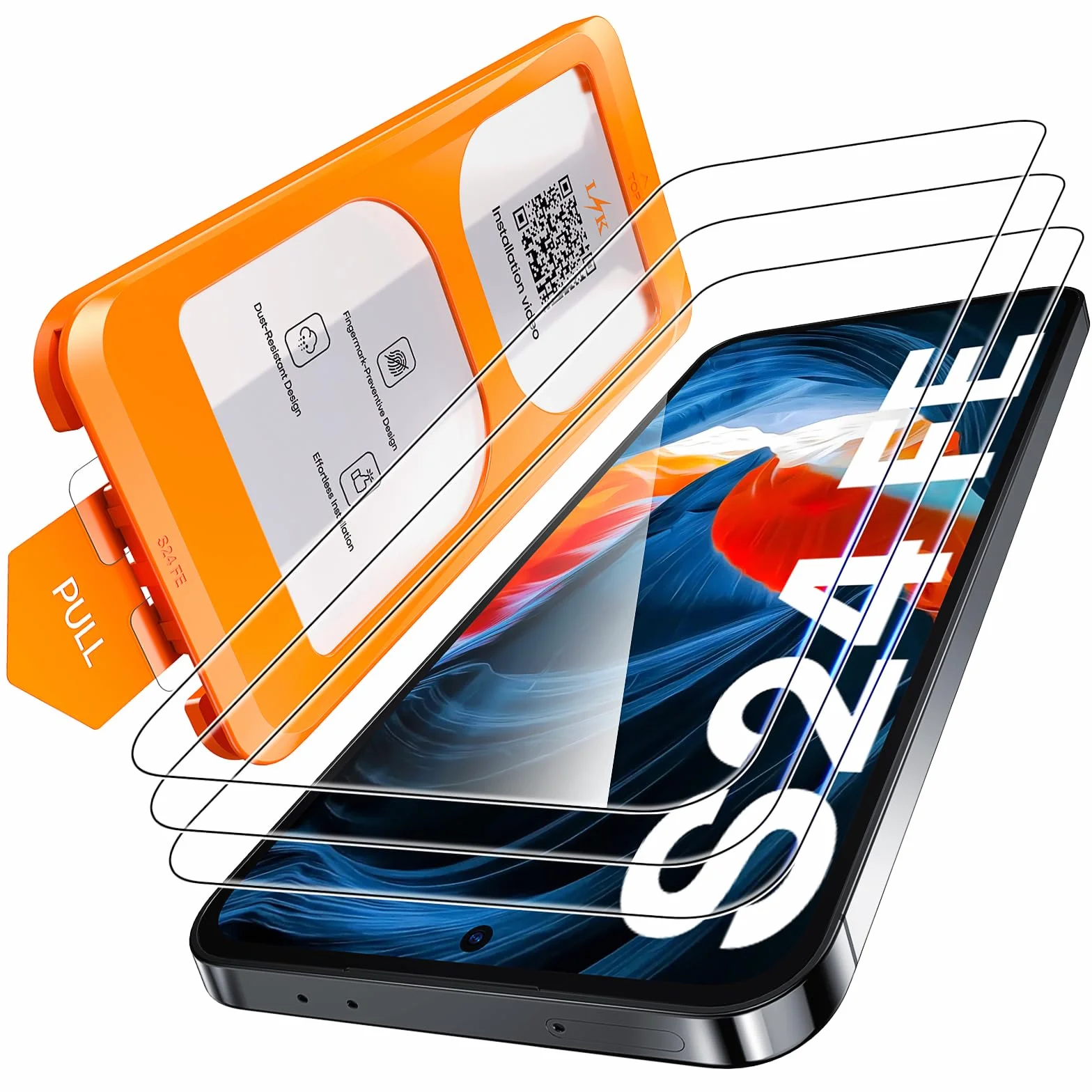 L__PLACEHOLDER_BRAND_10__ K [3 sztuki] do Samsung Galaxy S24 FE osłona ekranu ze szkła hartowanego + ramka do montażu na kurz [100% odblokowanie odcisków palców] Mil-Grade Drop Proof 0 Bubbles folia