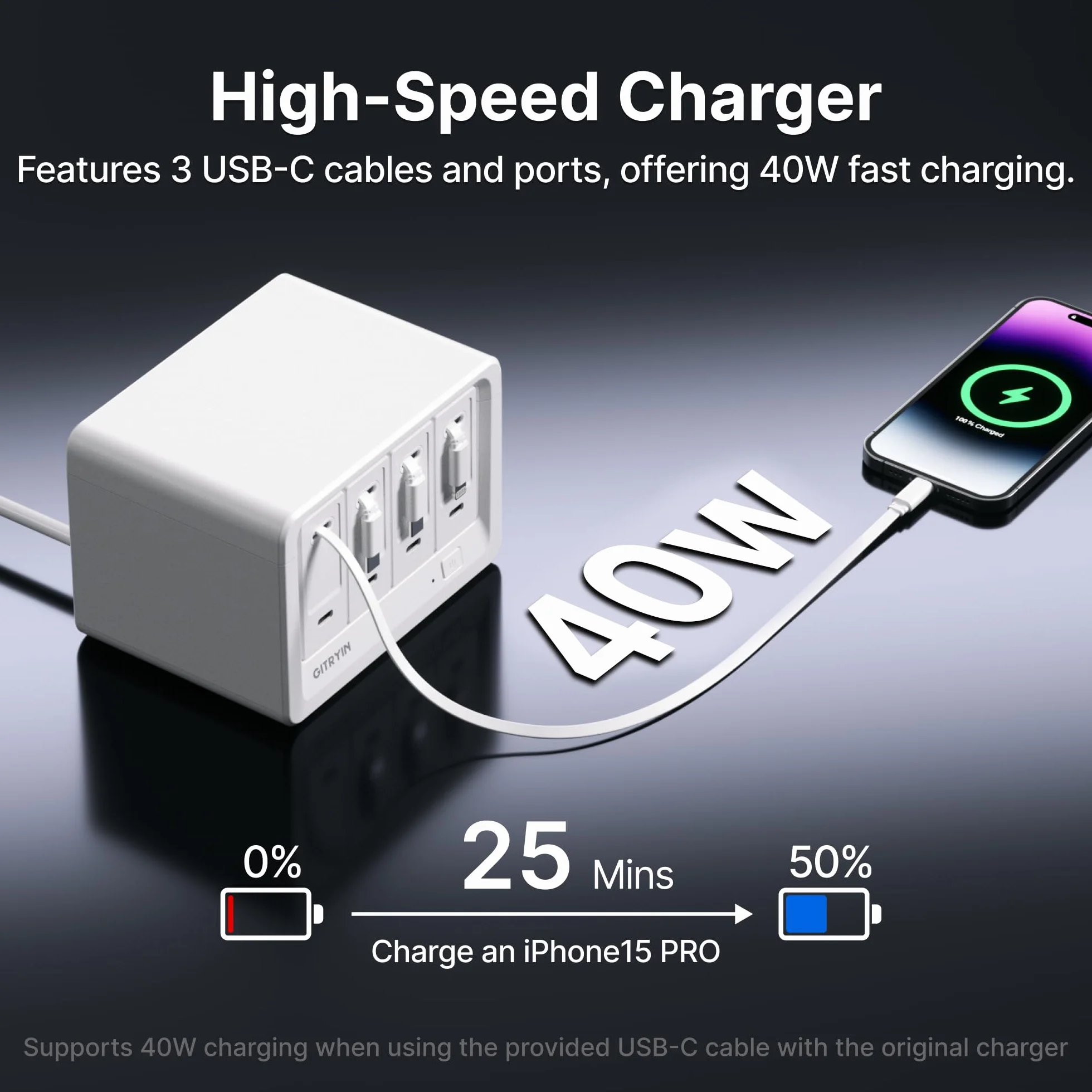 Gitryin Stacja ładująca 12 w 1 z 3 wysuwanymi ładowarkami typu C i 1 ładowarką Lightning, 40 W USB-C z kablem 80 cm, przedłużacz z zabezpieczeniem przed