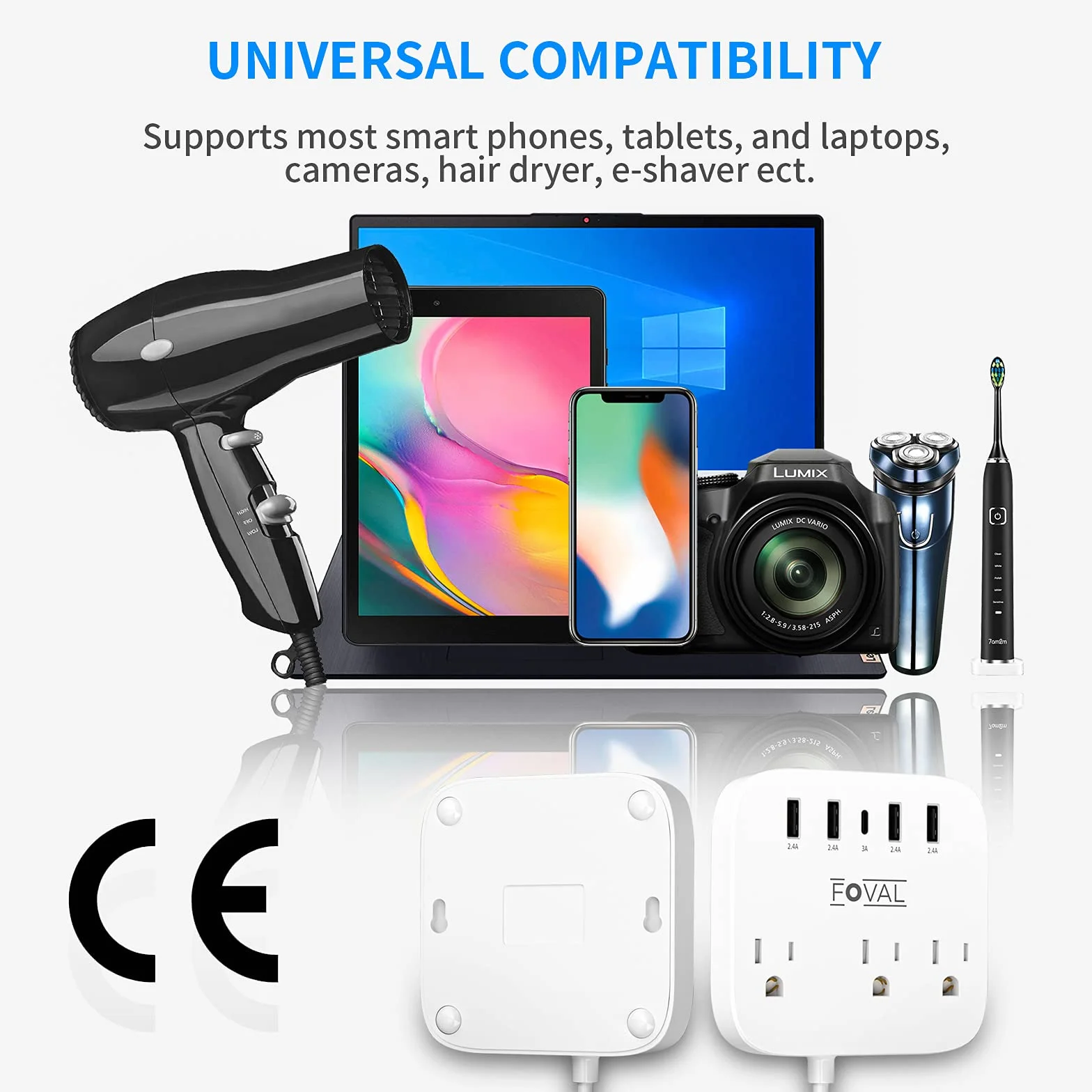 Europejski adapter podróżny FOVAL UE UK USA listwa zasilająca z USB C i 4 portami USB, 3 gniazda AC, montaż na ścianie, przedłużacz 1,5 m, kompaktowy do podróży, statku wycieczkowego, domowego biura