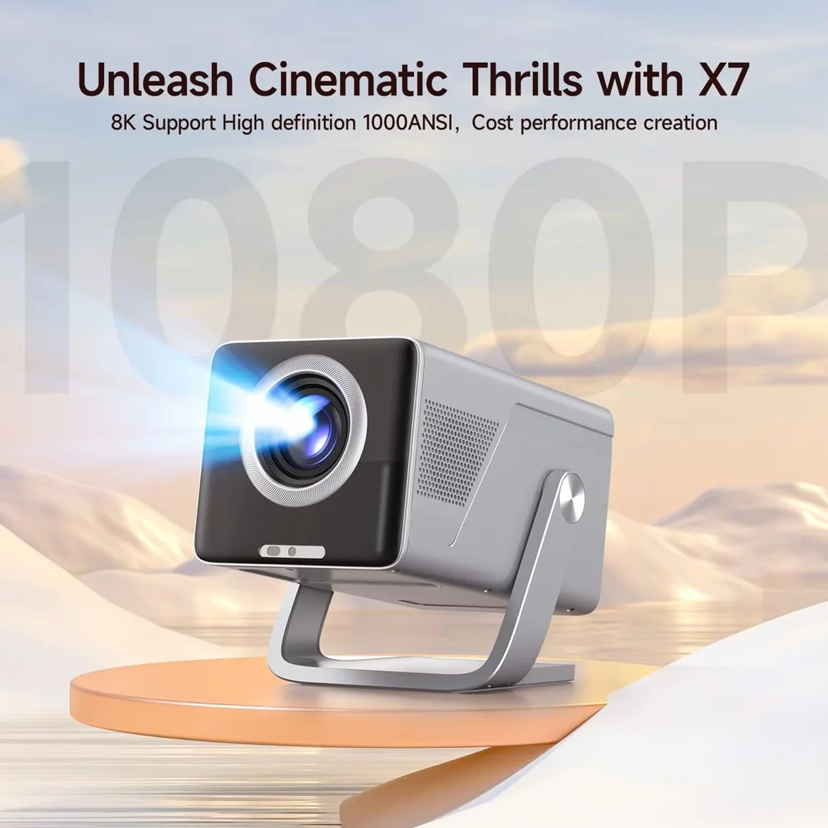 Ten projektor oferuje rozdzielczość 8K i 1080P HD, jasność 1000 ANSI lumenów, głośnik, działa z systemem Android 14 i obsługuje WiFi 6 i Bluetooth 5.4.