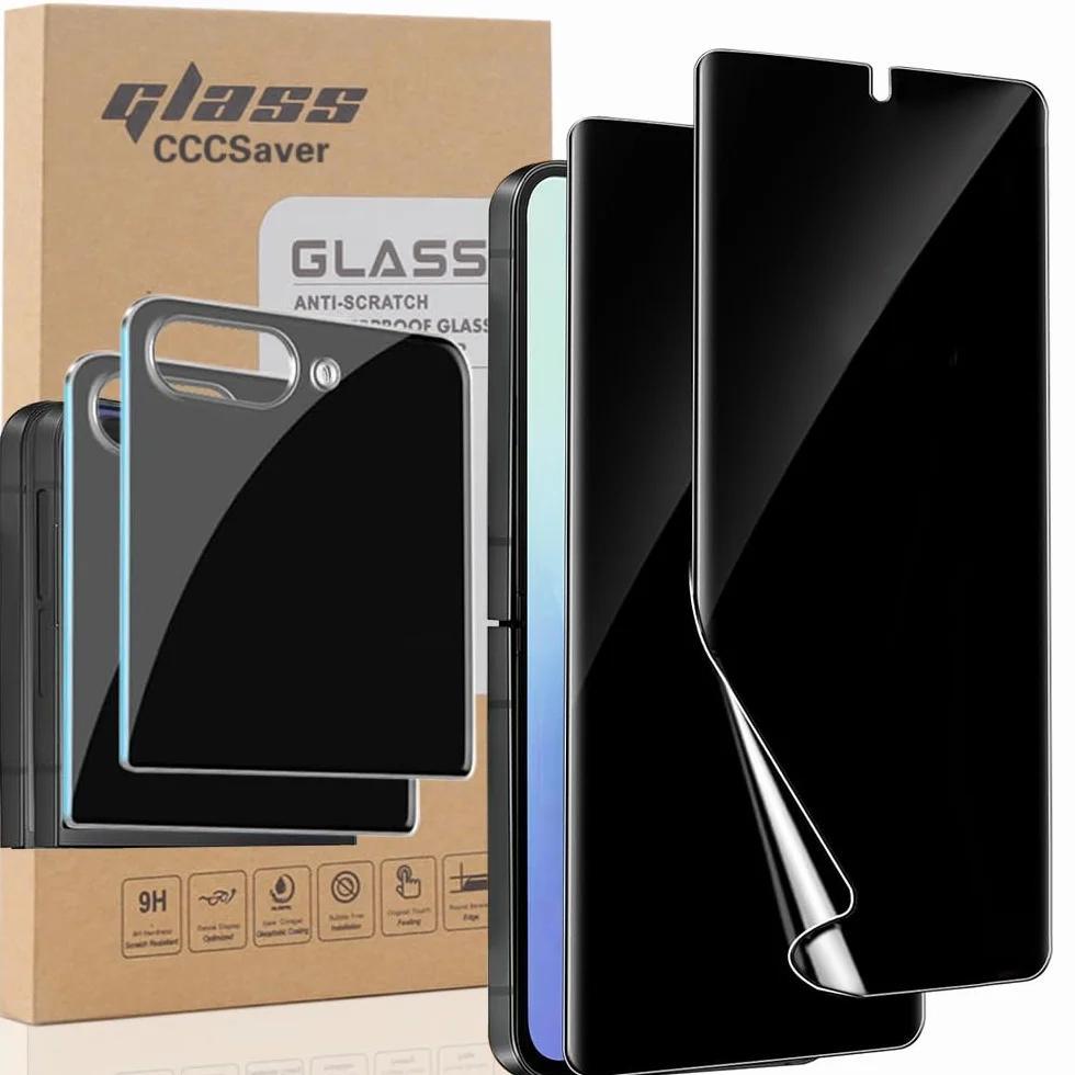 Folia ochronna na ekran do Samsung Galaxy Z Flip 7, 2 wewnętrzna miękka czarna folia TPU, 2 hartowane szkło antyszpiegowskie wygaszacz ekranu przedniego, przyjazny dla obudowy, bez pęcherzyków