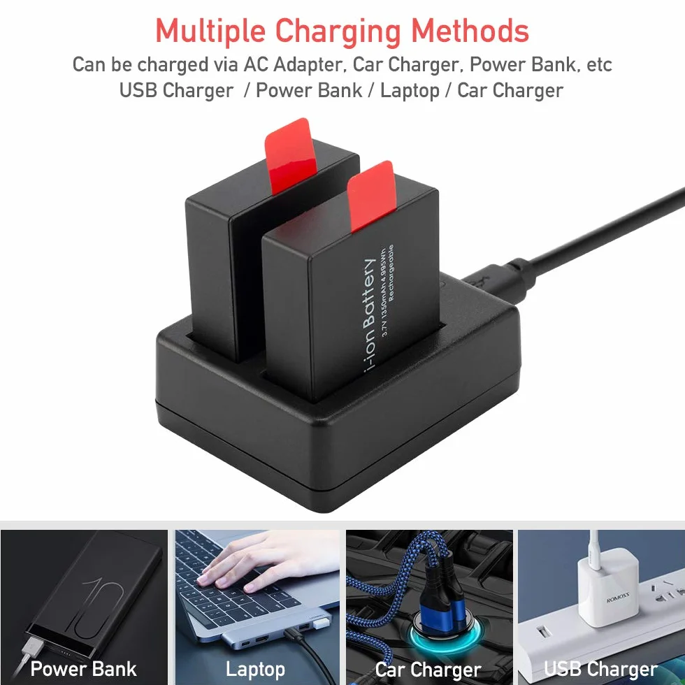 Akumulator Action Cam 1350 mAh (3 sztuki), z podwójnym otworem USB, kompatybilny z kamerą sportową AKASO EK7000, CAMPARK, Crosstour, APEMAN, SJ4000 itp
