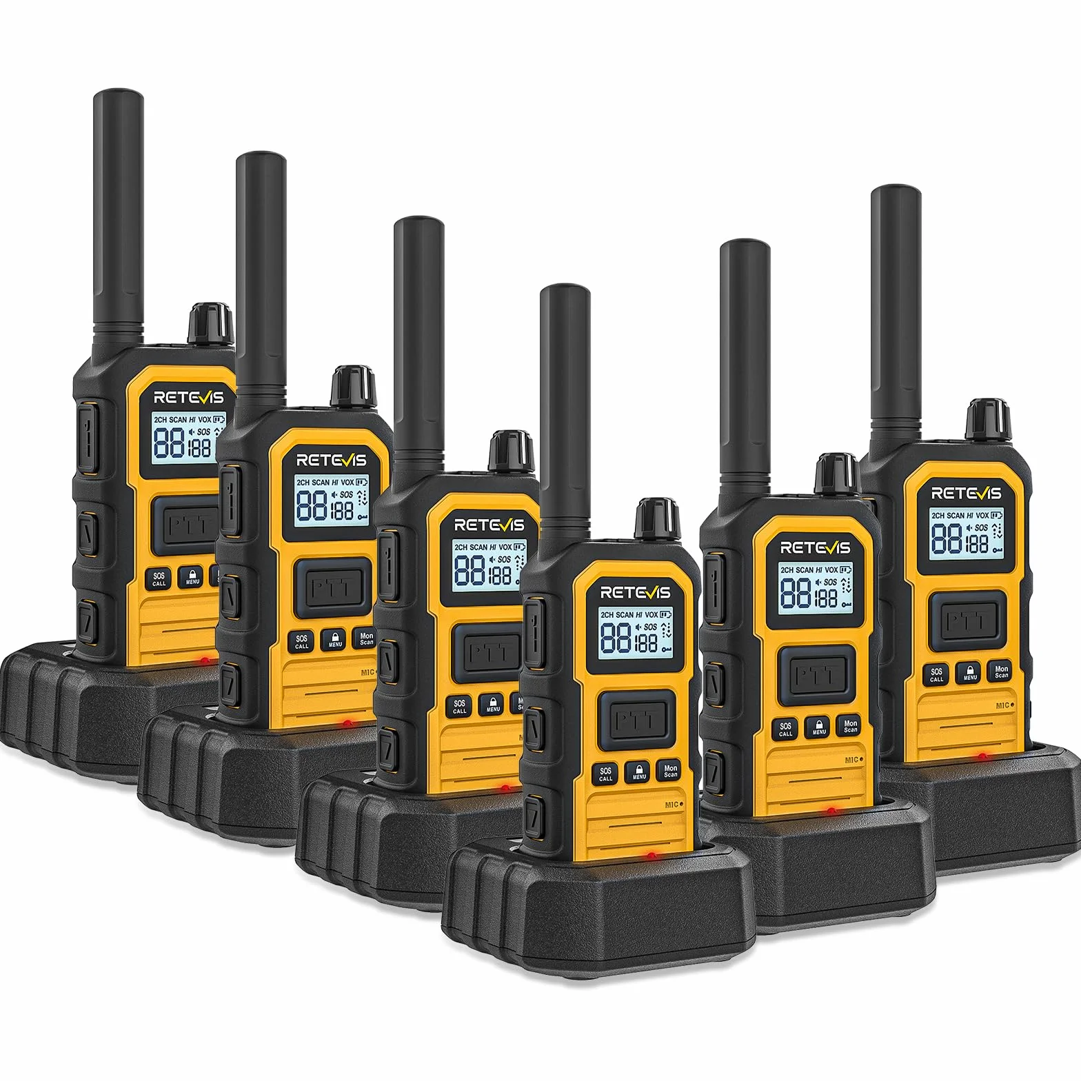 Retevis RB648 Plus Wodoodporne Walkie Talkie IP67, Radiotelefony Dwukierunkowe Dalekiego Zasięgu, Połączenie Grupowe, 2000 mAh Typ-C, Akumulatorowe Radio Dwukierunkowe do Budowy Fabryk (6 Szt. Żółty)