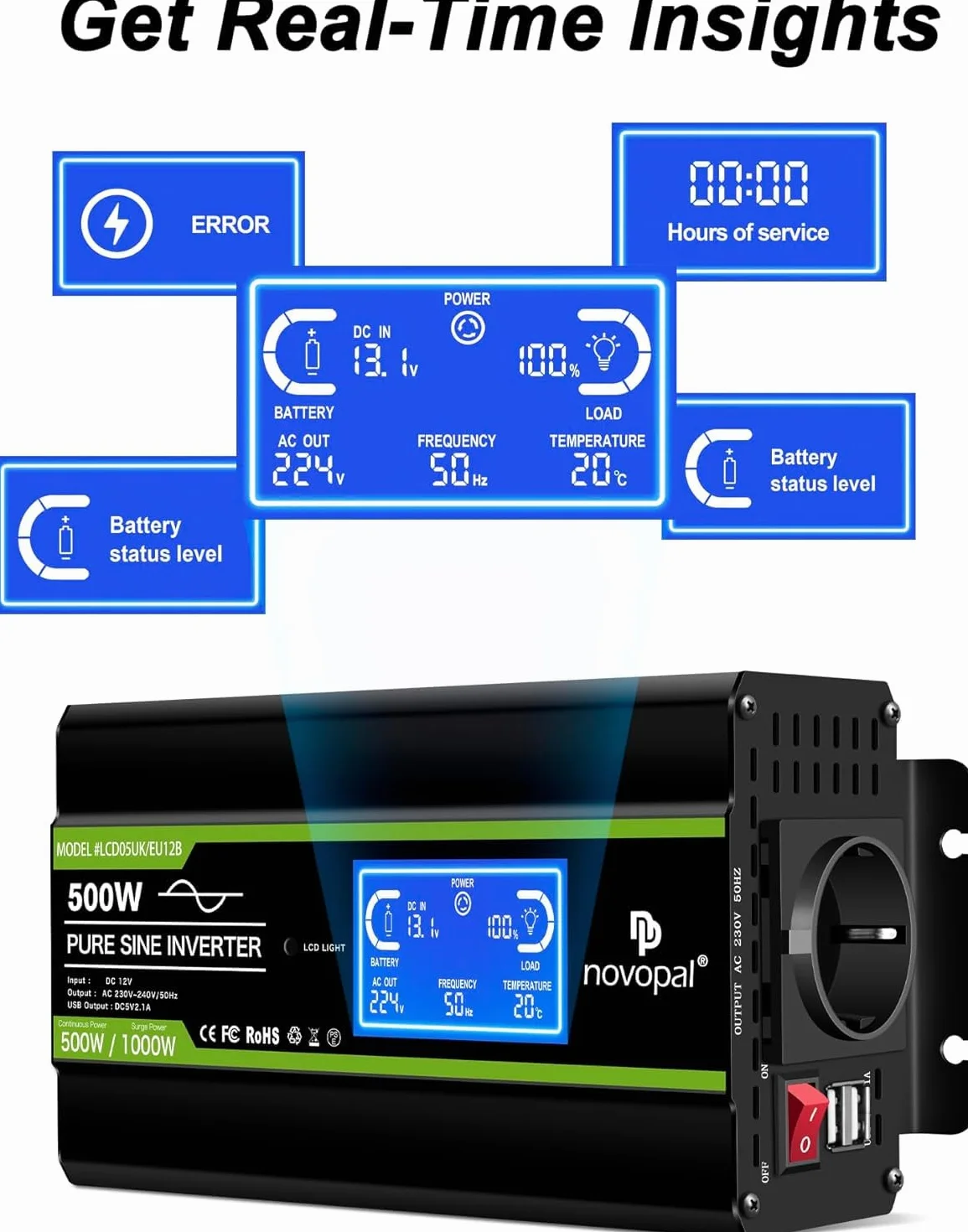 NOVOPAL Falownik 500 W, 12 V na 230 V, 220 V, czysty sinusoidalny przetwornik napięcia | Inteligentny wyświetlacz LCD, wyjście 2 USB, wtyczka UE do samochodów osobowych, przyczep kempingowych, ciężarowych