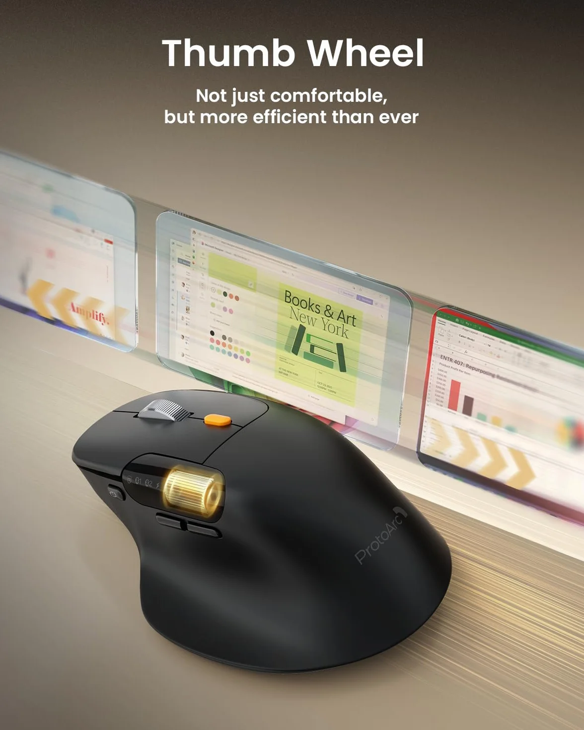 ProtoArc EM25 Ergonomiczna mysz z szybkim przewijaniem, bezprzewodowa 2,4 G + 2 x mysz komputerowa Bluetooth, przewijanie kciukiem, niestandardowy przycisk, akumulatorowa, 8K DPI, do Windows/Mac