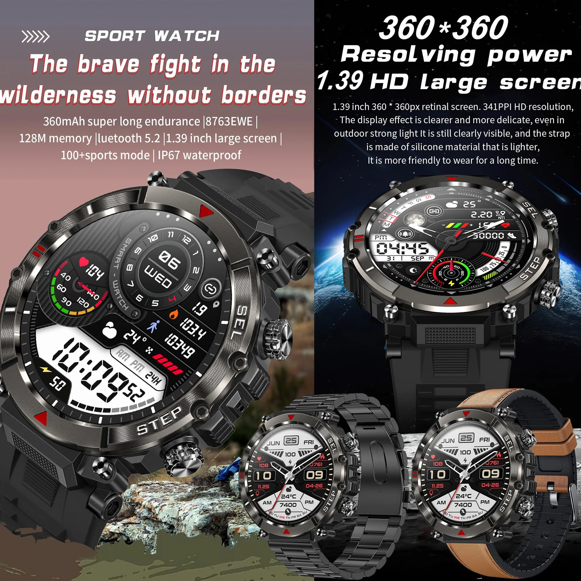 Smartwatch Inteligentny Zegarek Męski z Połączeniami, 1.39" Wodoodporny Smart Watch Sportowy Krokometr Pulsometr Ciśnienie Krwi Bransoletka Aktywność Cyfrowy Zegarek dla IOS Android (czarny)