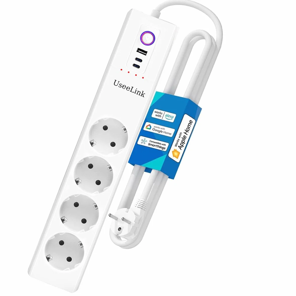 UseeLink Matter inteligentna listwa zasilająca 16 A, z 4 wyjściami AC i 2 portami USB, kompatybilna z Alexa, Google Assistant, zdalnym sterowaniem i ochroną przed przepięciem