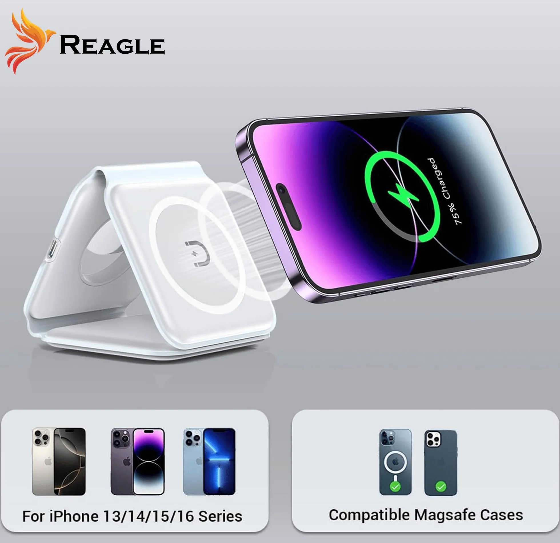 Reagle Składana indukcyjna bezprzewodowa ładowarka 3 w 1, 15 W stacja ładująca do Samsung S25 Apple Watch standard Qi