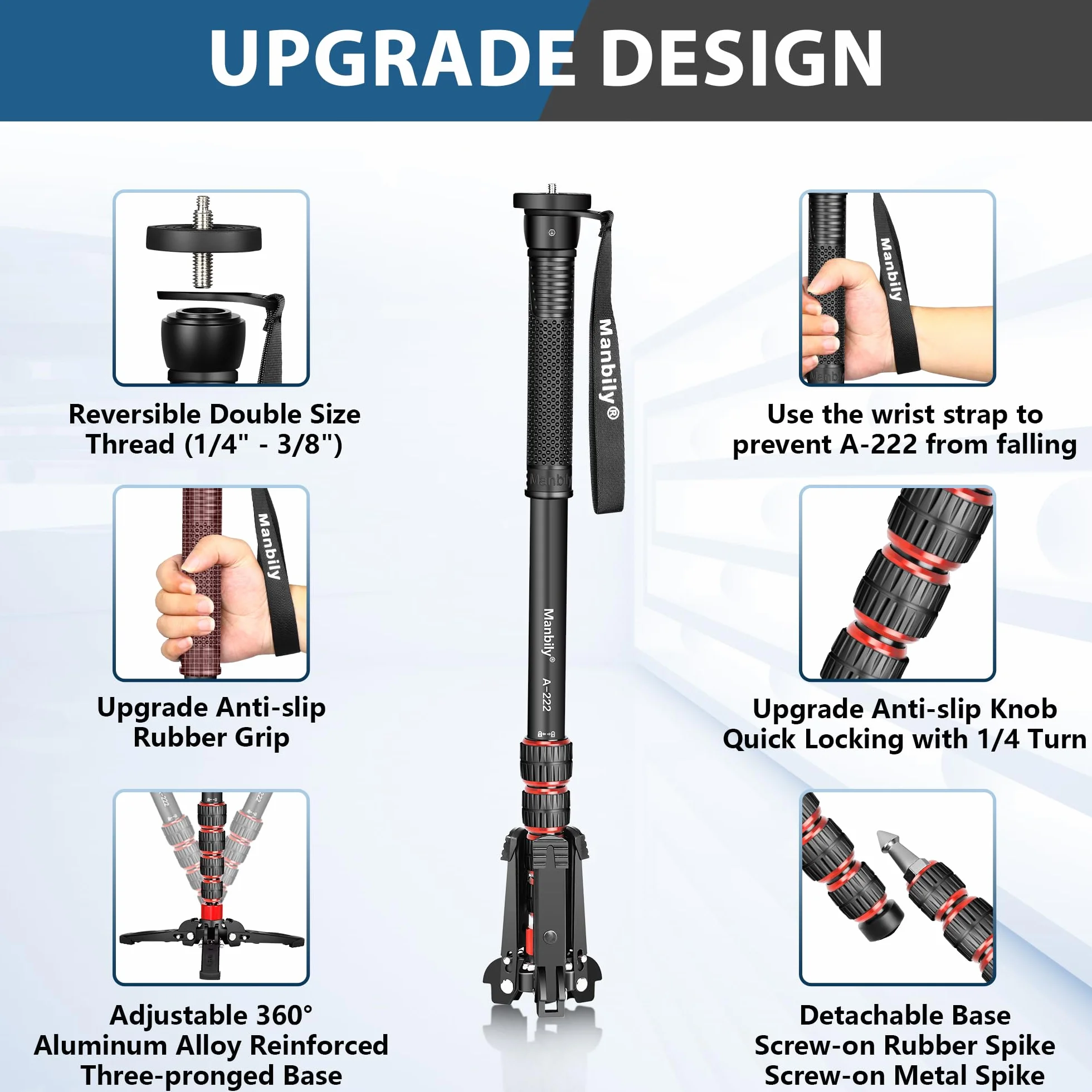 Manbily Wysuwany aluminiowy monopod z nóżkami, przenośny monopod podróżny ze zdejmowaną podstawą statywu do kamery wideo DSLR Canon Nikon Sony, 5 sekcji, do 170 cm, maksymalne obciążenie 7 kg (A-222)