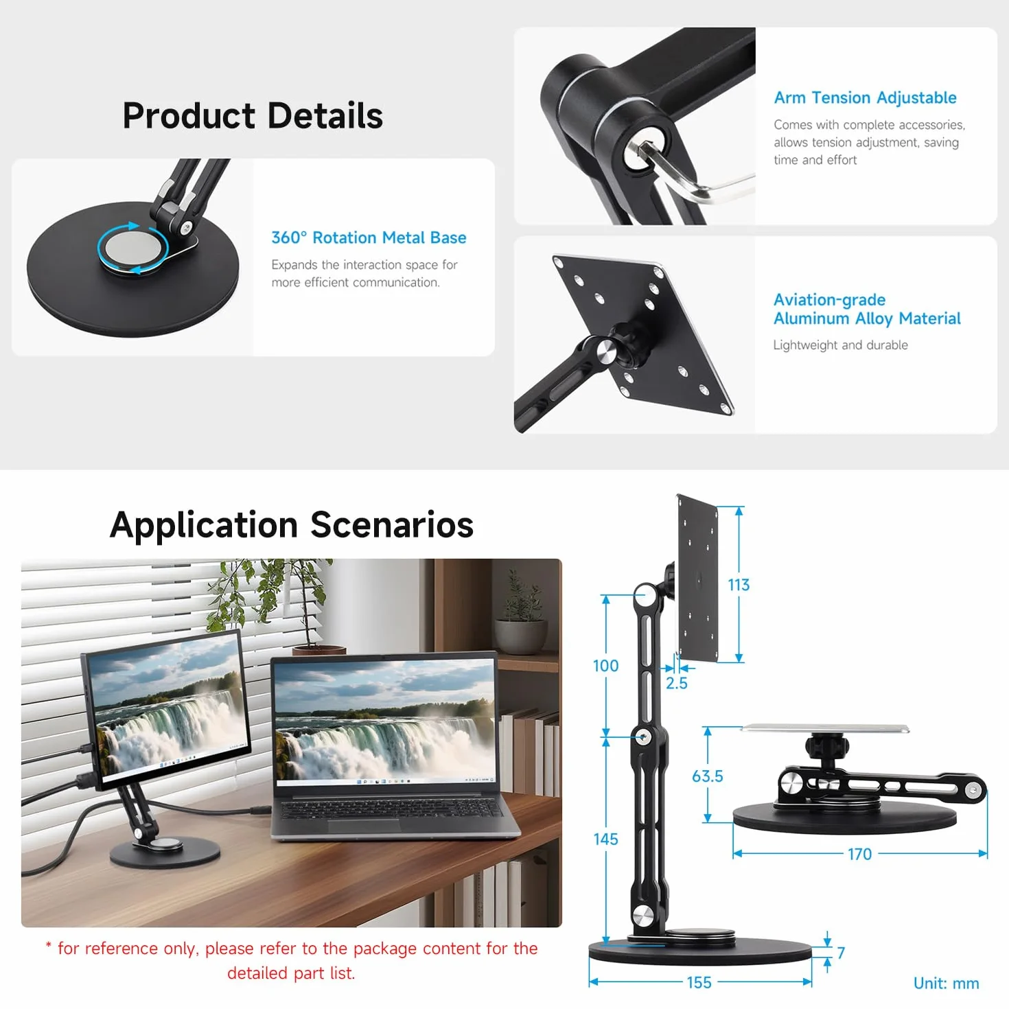 Waveshare VESA Portable Monitor Adjustable Stand, Compatible with Monitors Up to 19 Inches, Multi-Axis Rotation, Ergonomic Design with Weighted Base, Foldable for Easy Storage