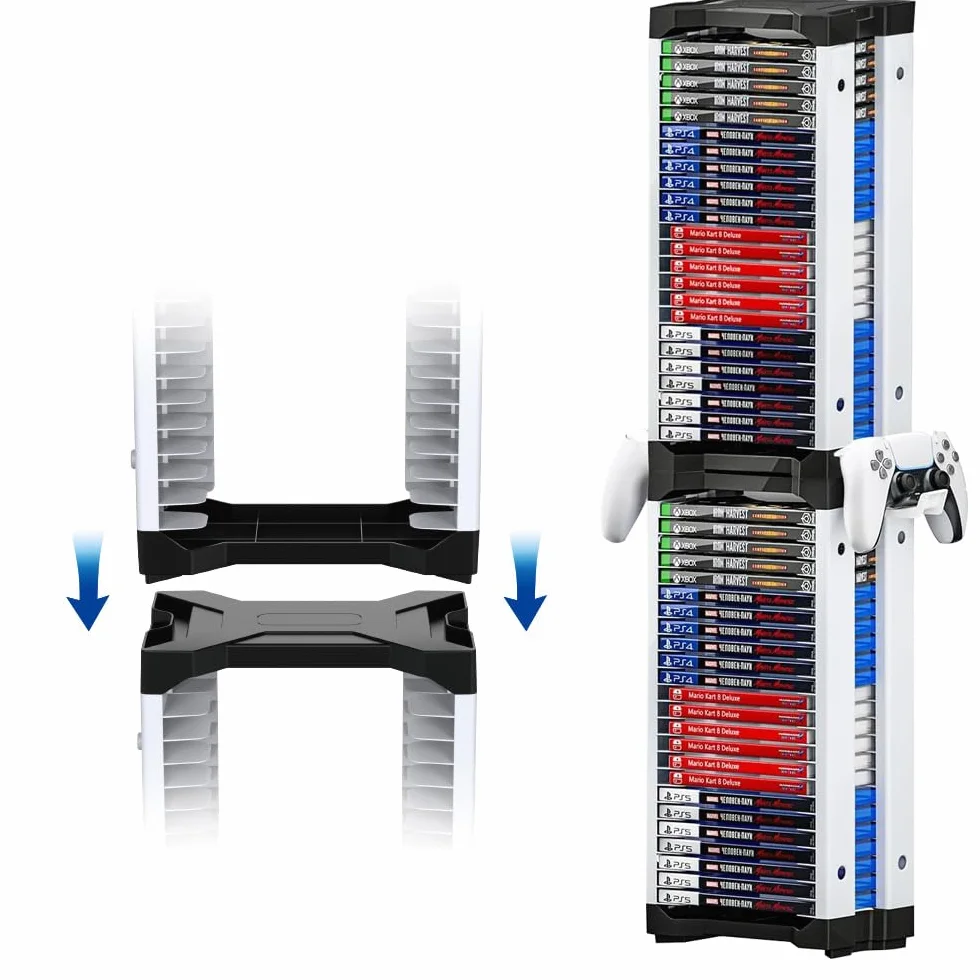 Gry Storage Tower na PS5, regał na płyty do gier wideo na PS4, Xbox Series X, Switch Games i Blu-Ray, pomieści 46 sztuk płyt do gier, łącznie z 2 uchwytami na słuchawki