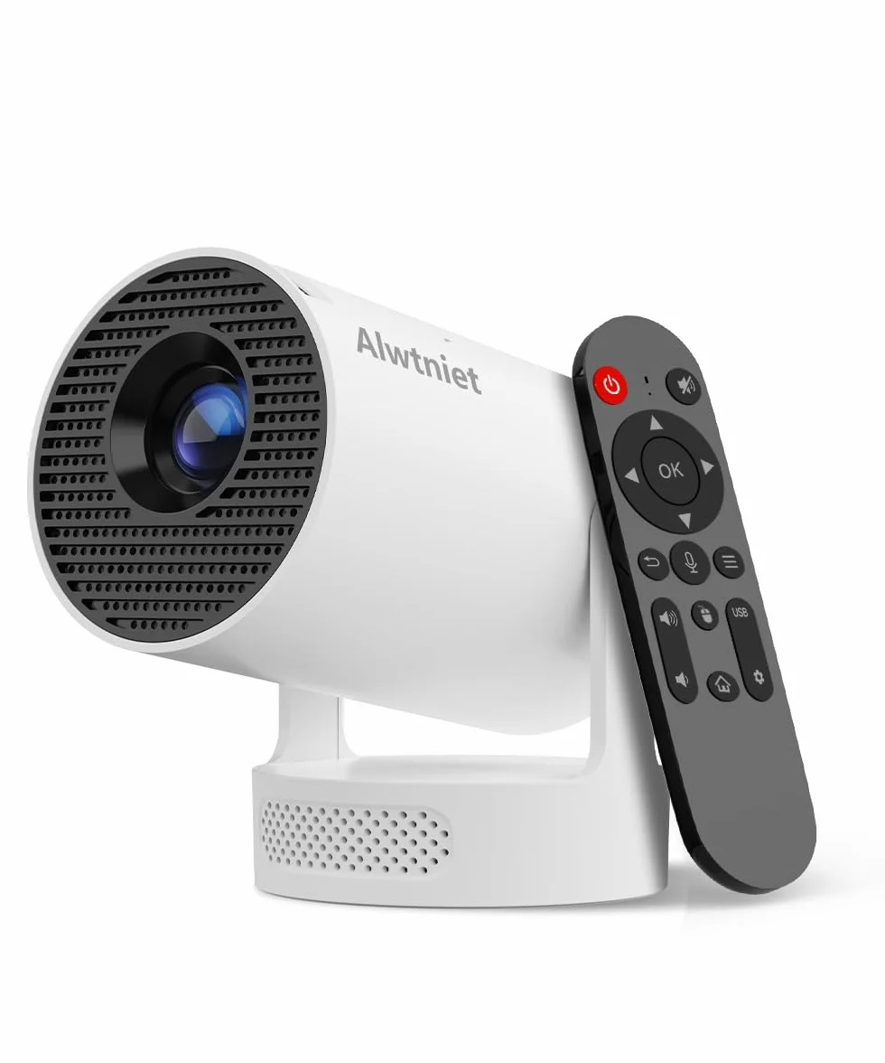 Alwtniet Mini projektor, 4K, Wi-Fi 6 i Bluetooth 5.4, głośnik 5 W, automatyczna korekcja trapezu, obracany o 180°, przenośny do domu i na zewnątrz, z systemem Android