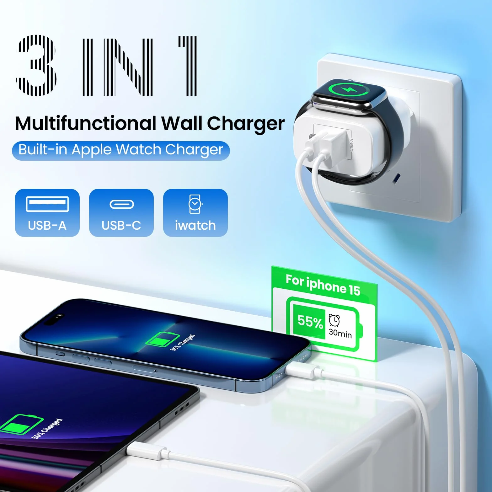 Stacja ładująca 3 in 1 zegarka Apple Watch i iPhone'a, przenośna ładowarka ścienna 20W z 2 portami USB-C i USB-A, szybka ładowarka PD i QC do for Apple Watch 1/8/SE/Ultra Pro/3/2 iPad Samsung Huawei