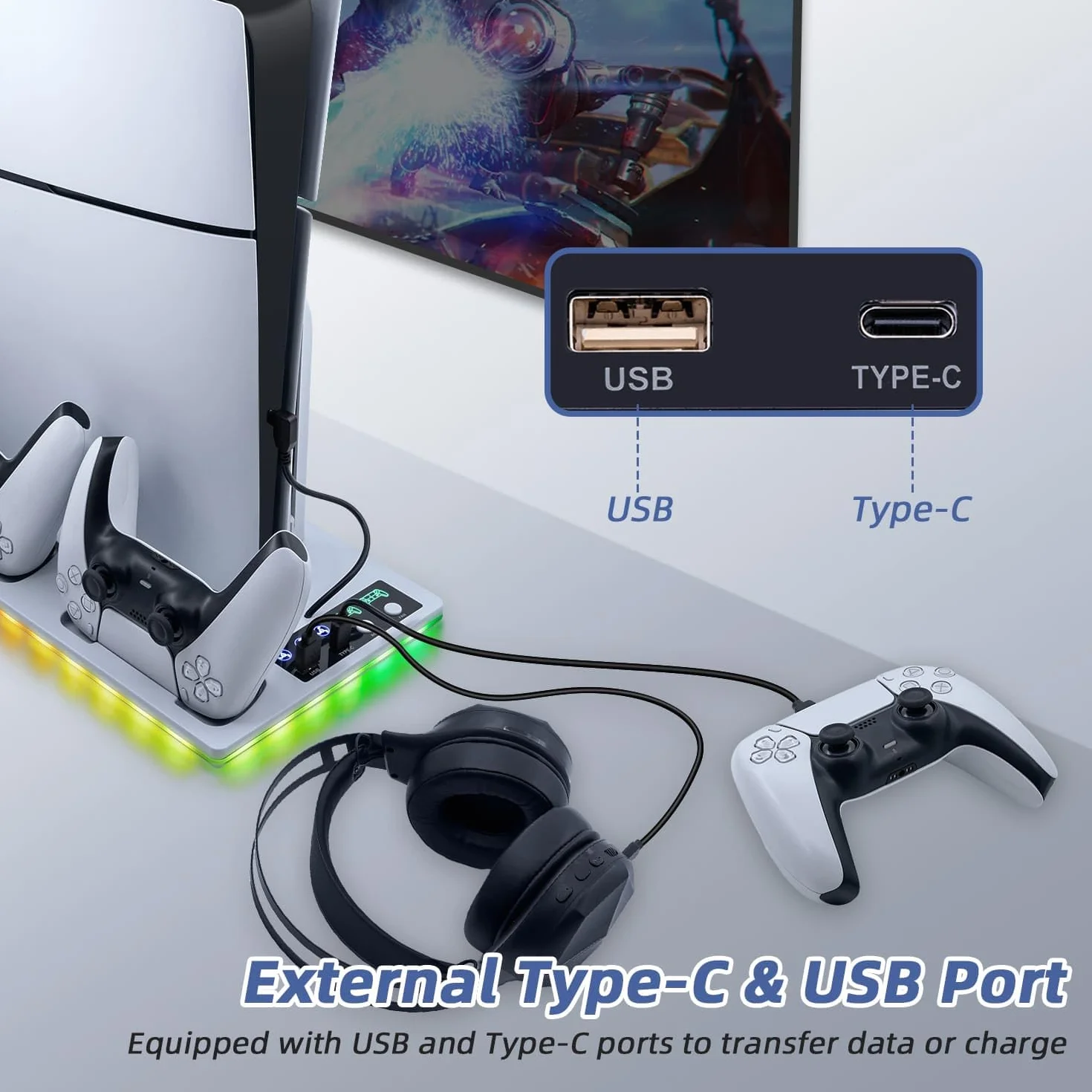 Wigearss Pionowy uchwyt do PS5/PS5 Slim/PS5 Pro z wentylatorami chłodzącymi, wielofunkcyjny ze światłem RGB, ładowarką do sterowników i portem typu C i USB