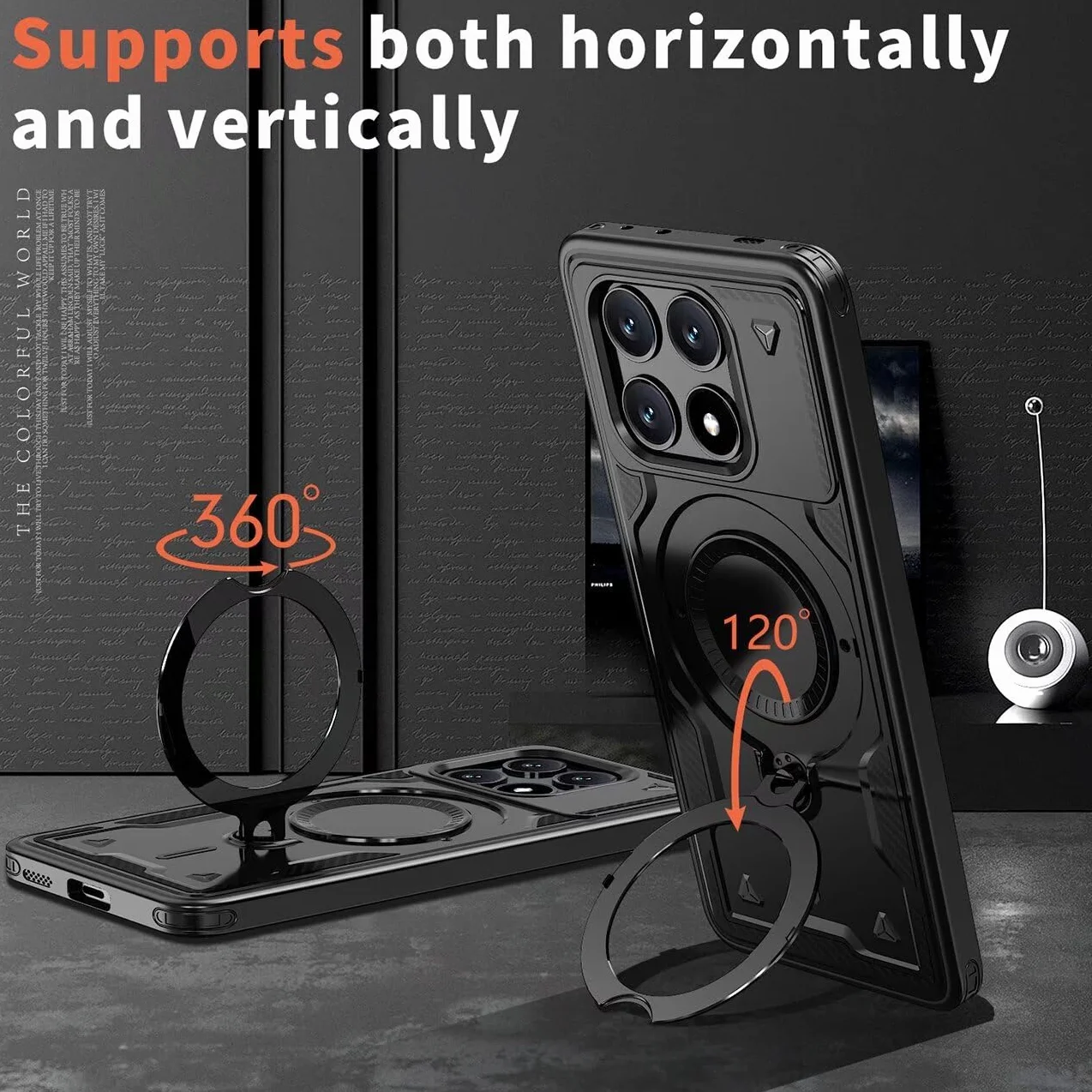 Etui na Xiaomi Poco X6 Pro 5G ze szkłem hartowanym*2, etui ochronne na smartfona z obrotowym pierścieniem - Odporny na wstrząsy czarny zderzak
