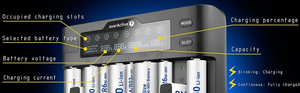 everActive Ładowarka do 10 akumulatorów litowo-jonowych i Ni-MH, Li-HV i Li-FePO4 profesjonalna, szybka i uniwersalna, wyświetlacz LCD, test pojemności, model: UC800